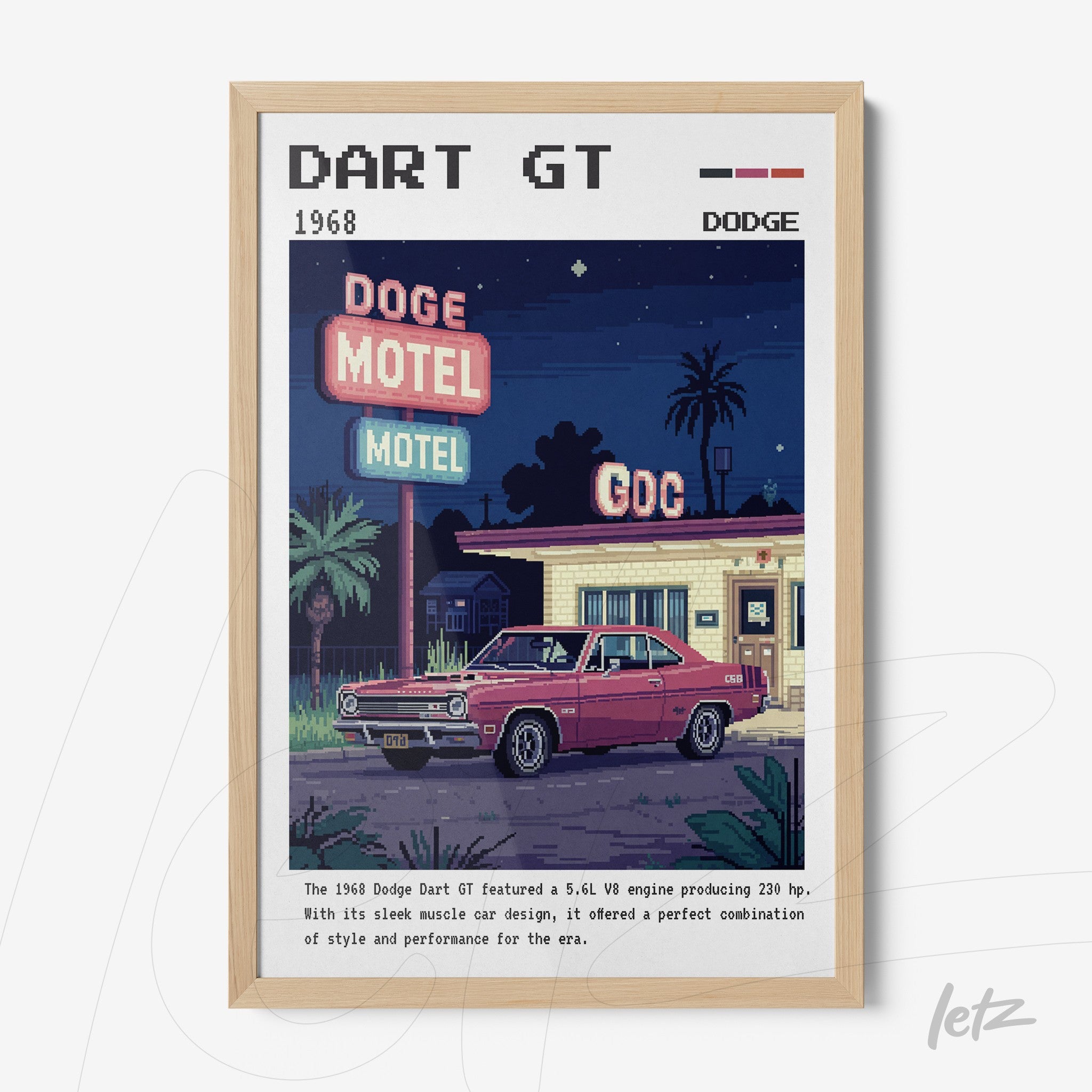 quadro com arte pixelada de um carro Dodge Dart GT em frente a um motel, com moldura de madeira clara