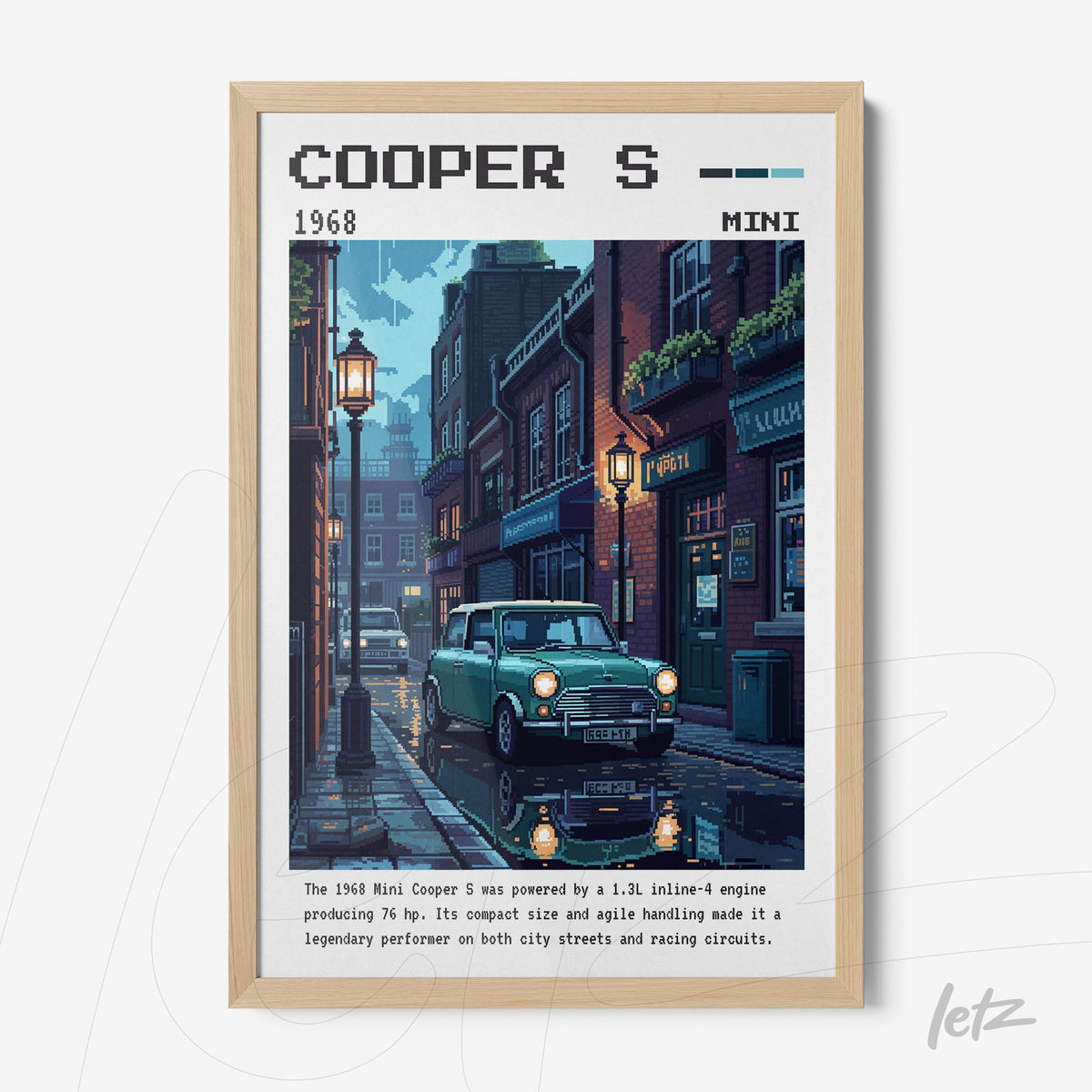 quadro com arte digital de um Mini Cooper S de 1968 em rua iluminada por lampiões em Londres