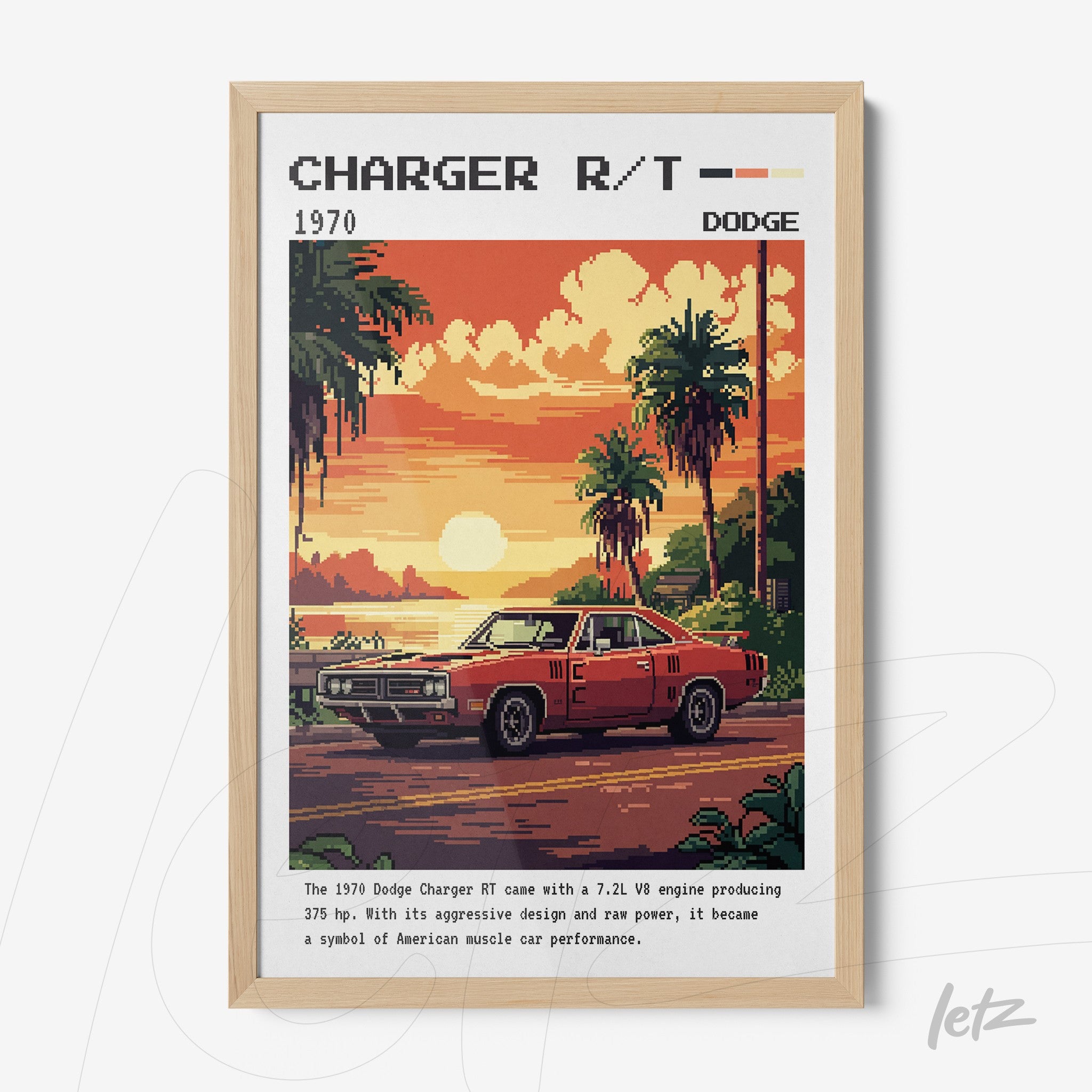 quadro emoldurado com arte pixelada de um Dodge Charger R/T 1970 em fundo tropcial com palmeiras