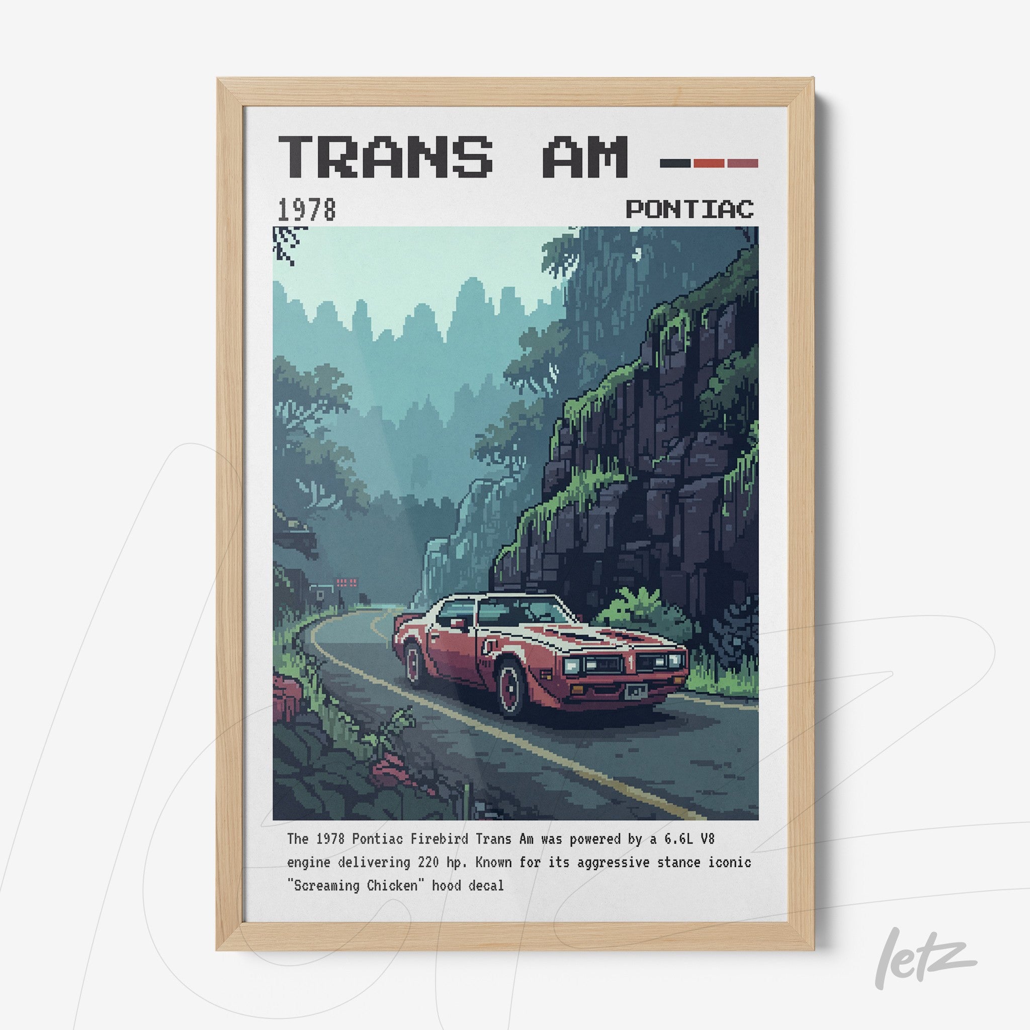 quadro emoldurado de arte pixelada do carro Pontiac Trans Am 1978 em paisagem montanhosa