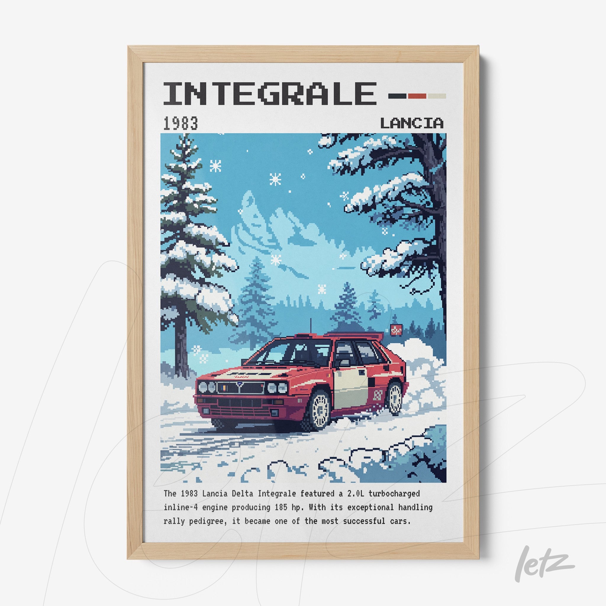 quadro emoldurado com arte pixelada de um carro Lancia Delta Integrale em uma paisagem nevosa