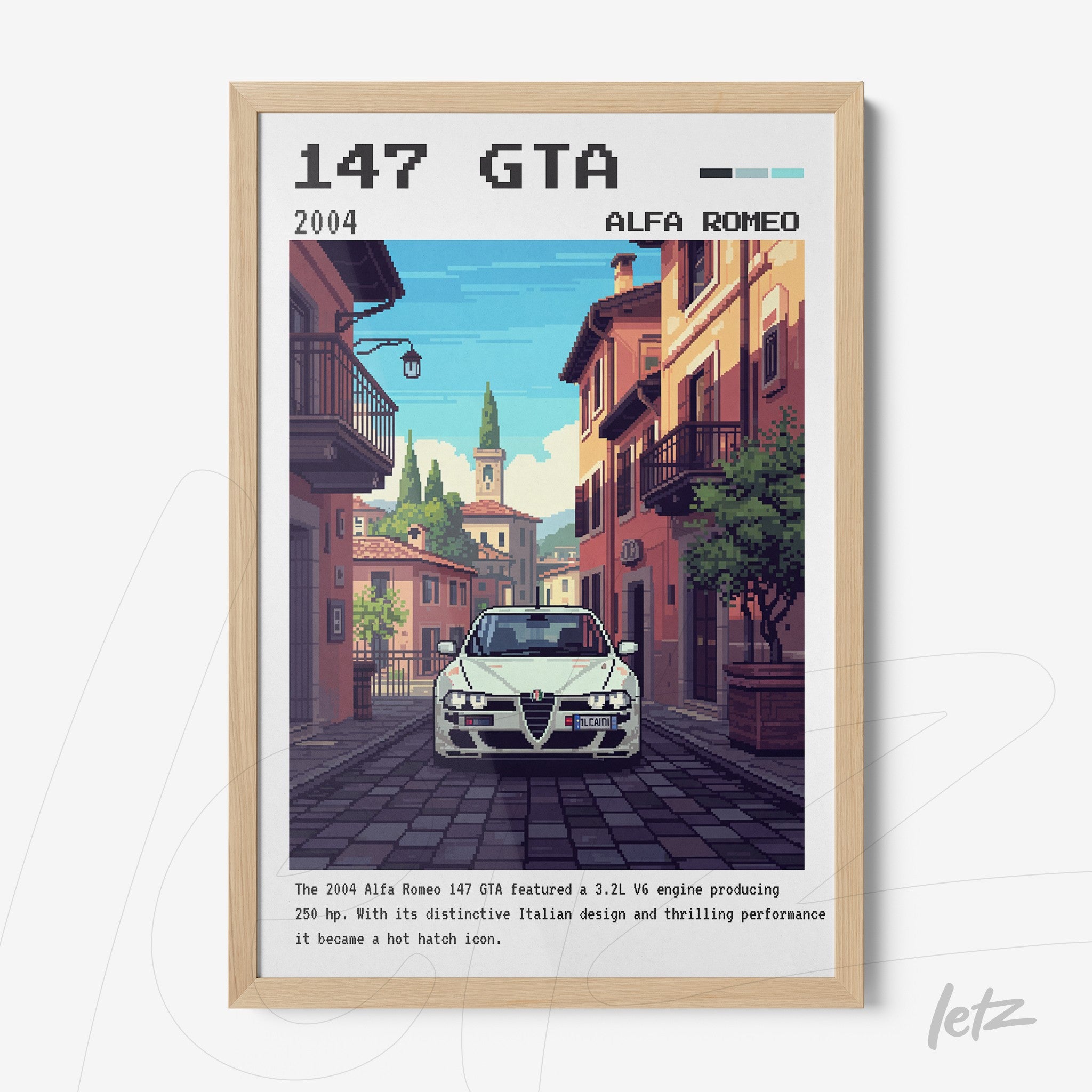 quadro digital com ilustração pixelada do carro Alfa Romeo 147 GTA em rua italiana, moldura de madeira clara
