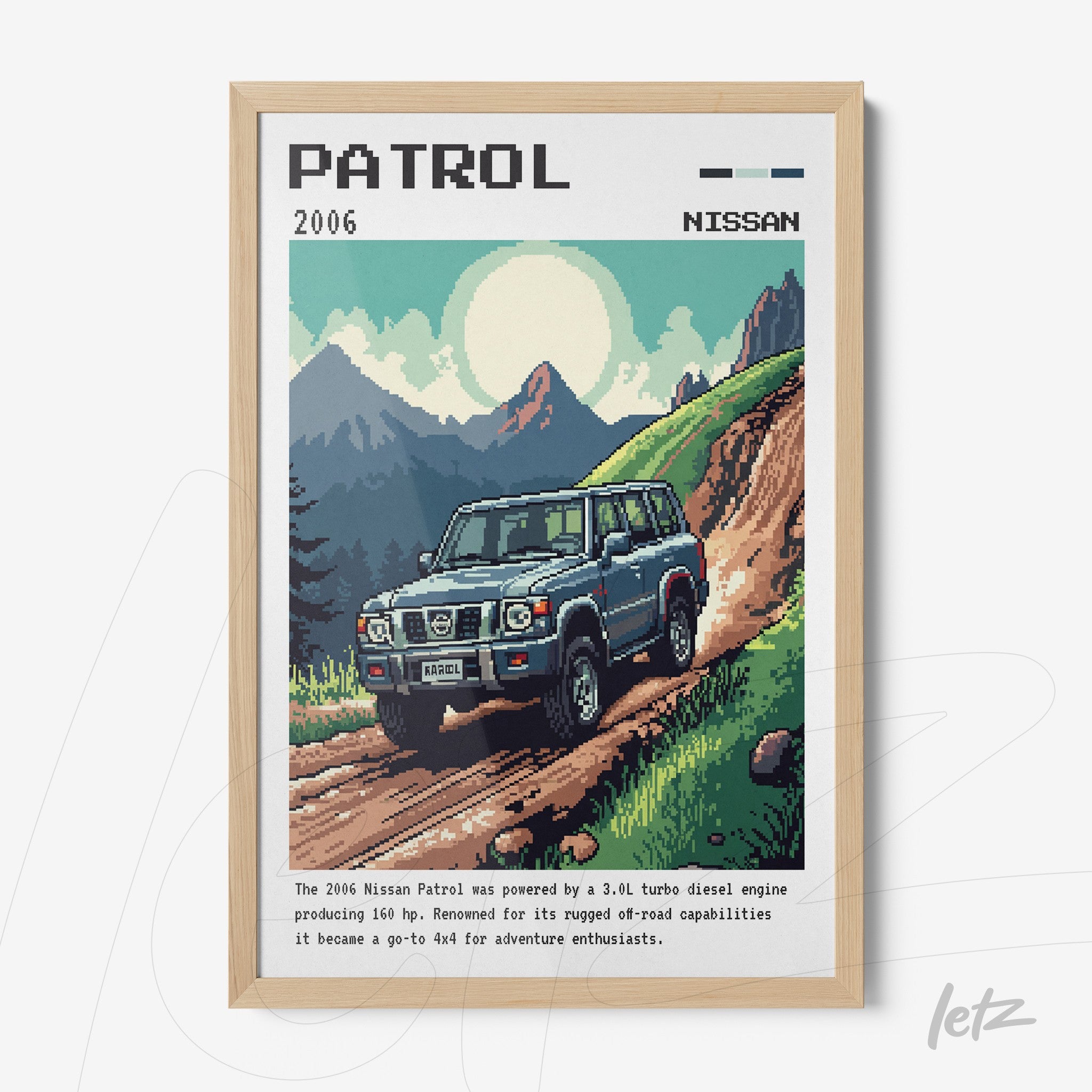 quadro com arte digital de um Nissan Patrol de 2006 em uma trilha montanhosa, moldura de madeira clara