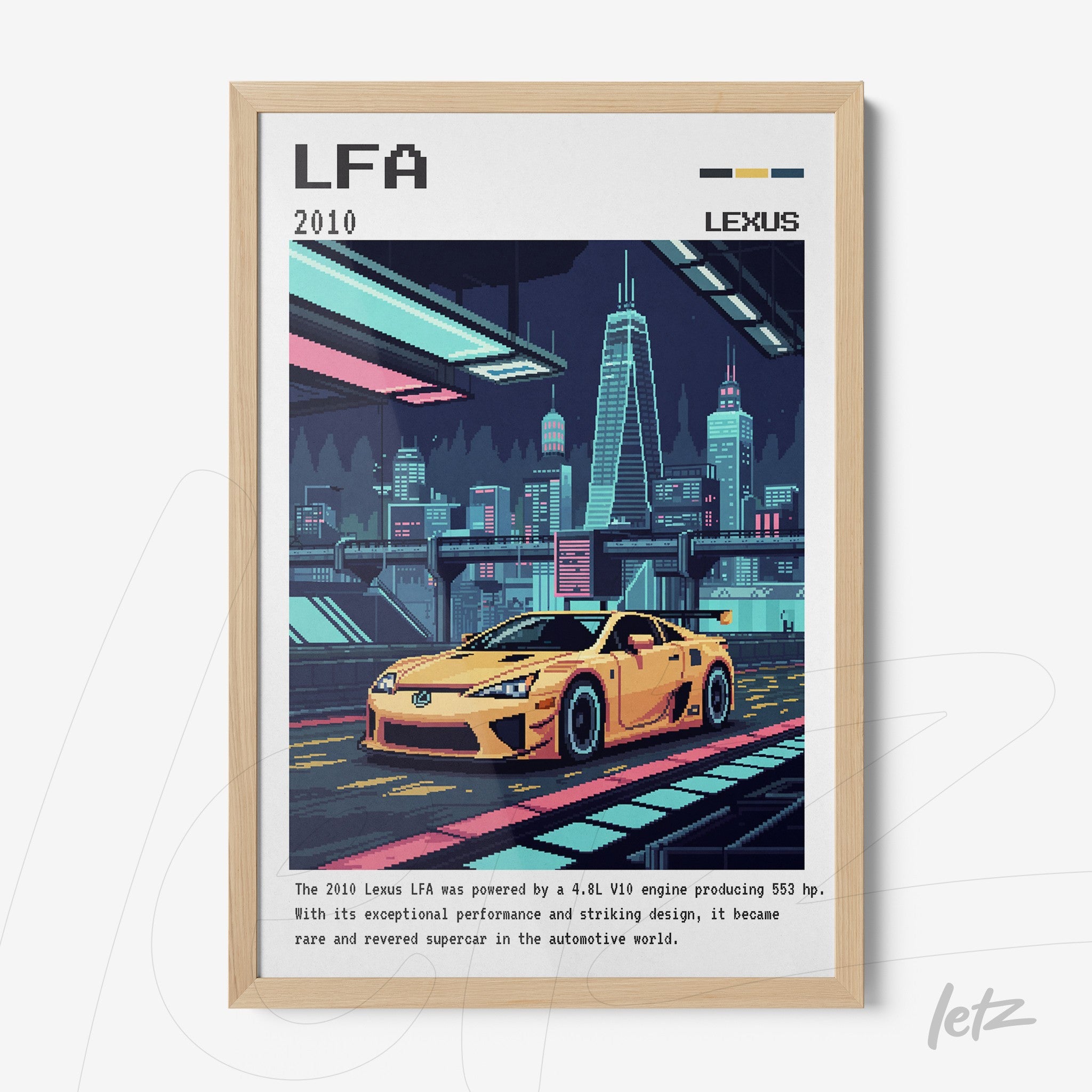 quadro com arte digital de carro esportivo amarelo LFA 2010 em moldura de madeira clara sobre fundo urbano nocturno