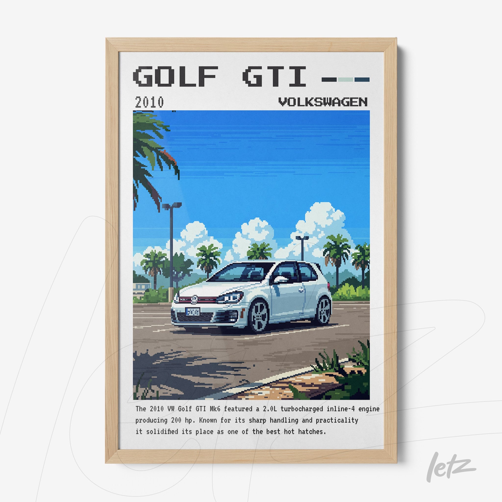 quadro com arte em pixel do carro Volkswagen Golf GTI em fundo claro e moldura de madeira clara