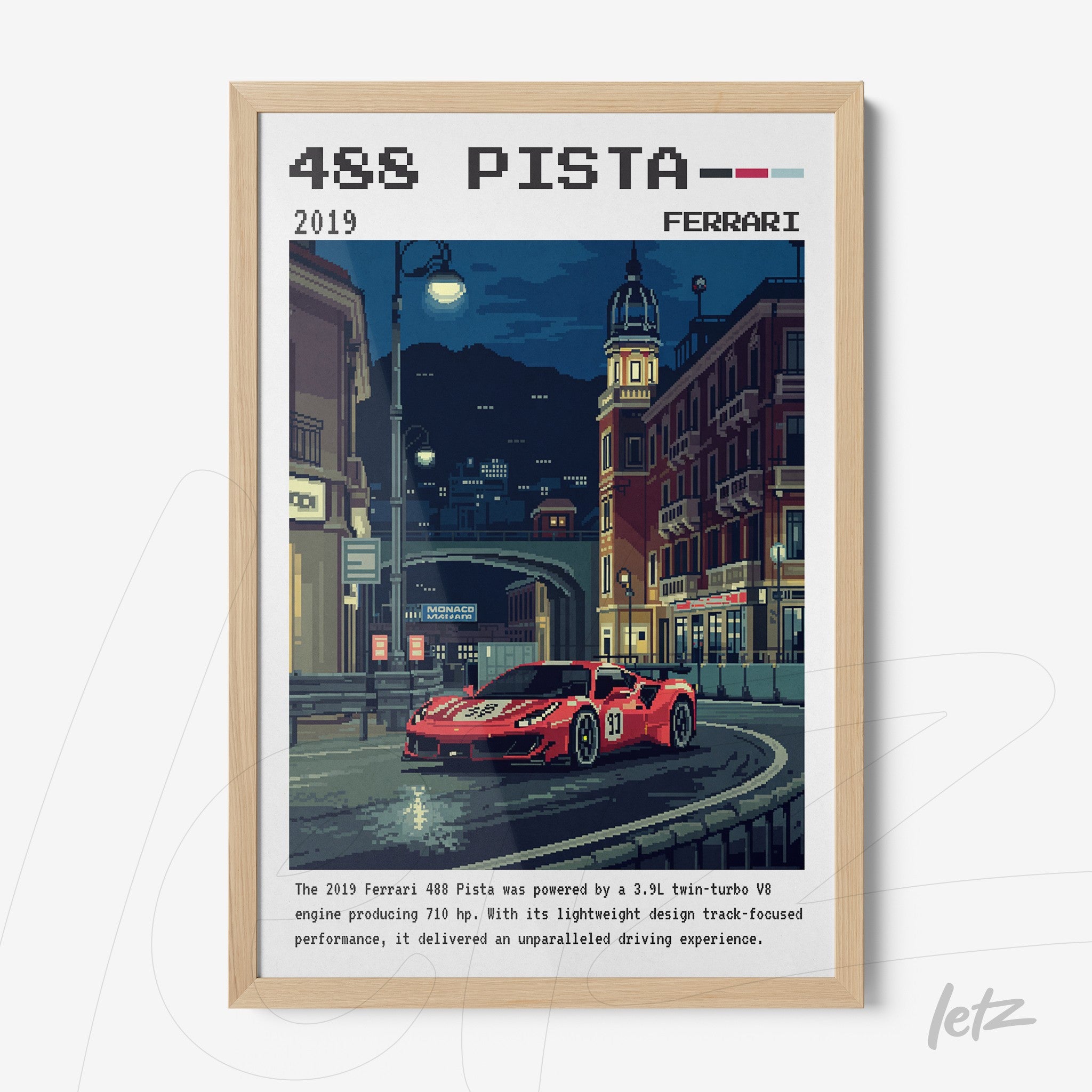 quadro decorativo com arte pixelada de um carro Ferrari 488 Pista em ambiente urbano noturno, moldura clara
