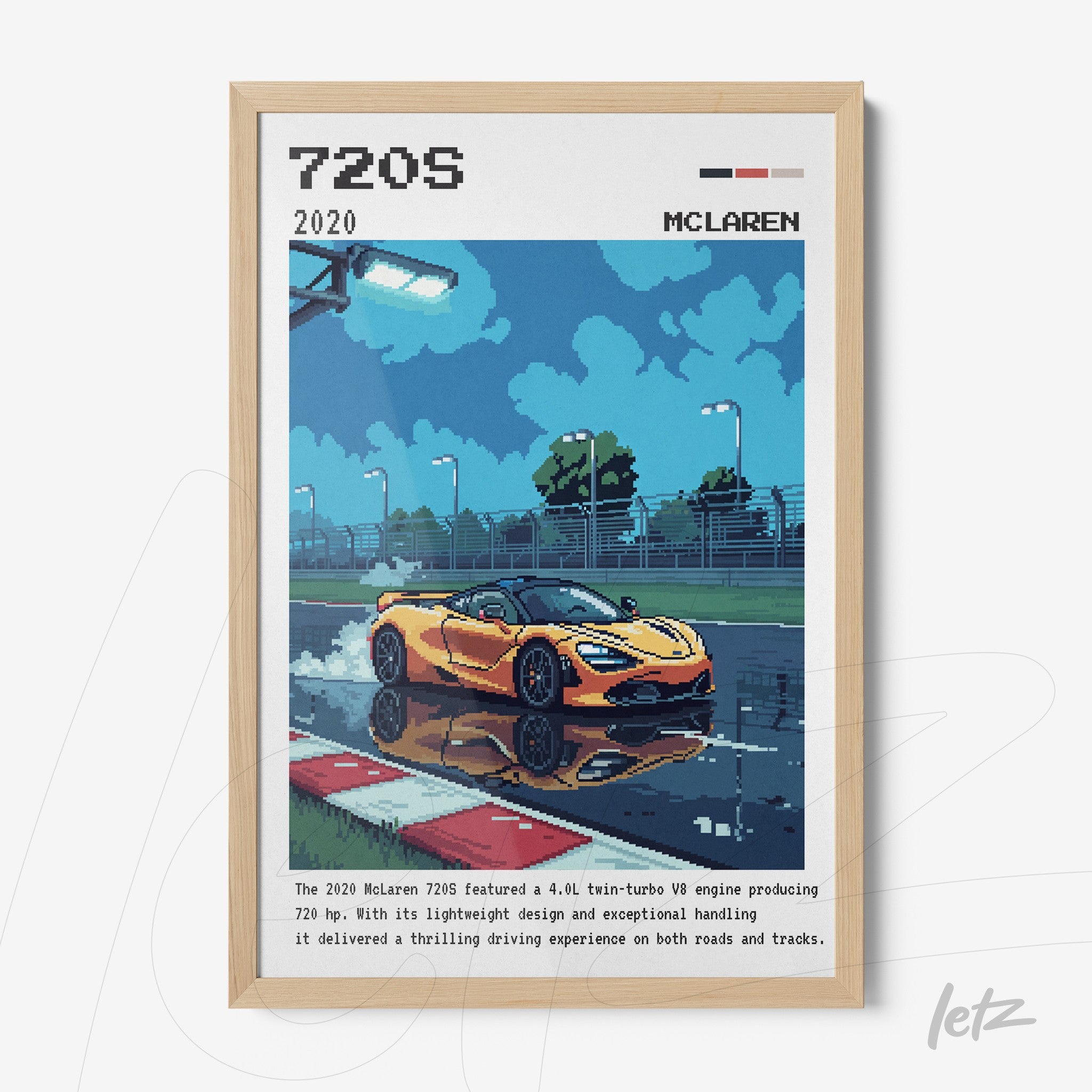 quadro com arte digital do carro McLaren 720S em pista, moldura de madeira clara