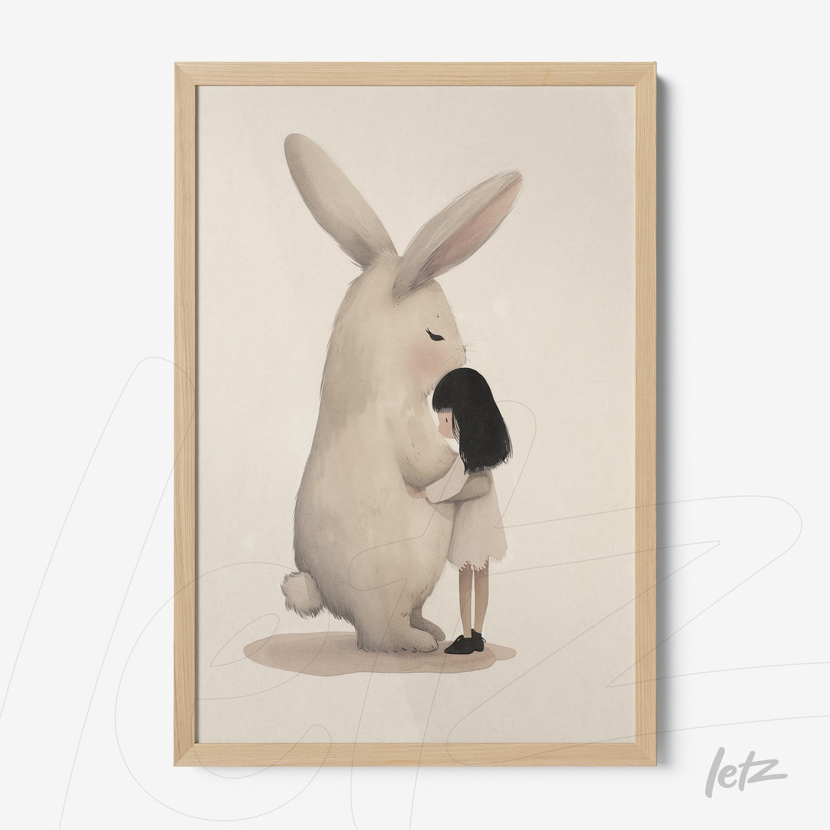 quadro com ilustração fofinha de uma menina abraçando um coelho grande em moldura de madeira clara