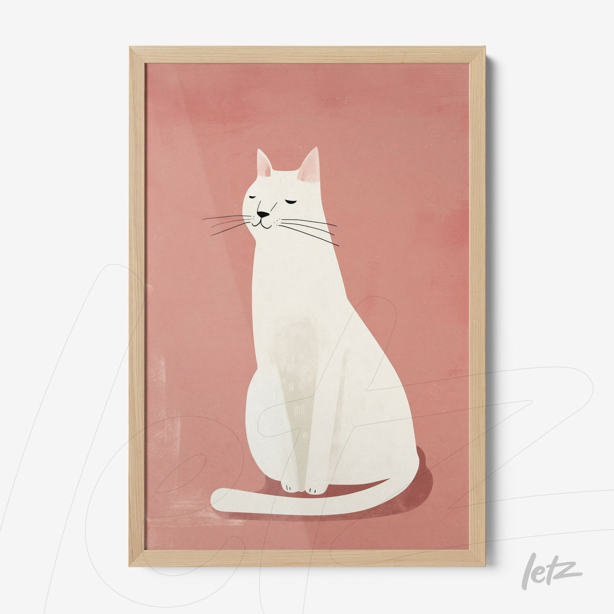 quadro com arte digital de gato branco sobre fundo rosa, em moldura de madeira clara