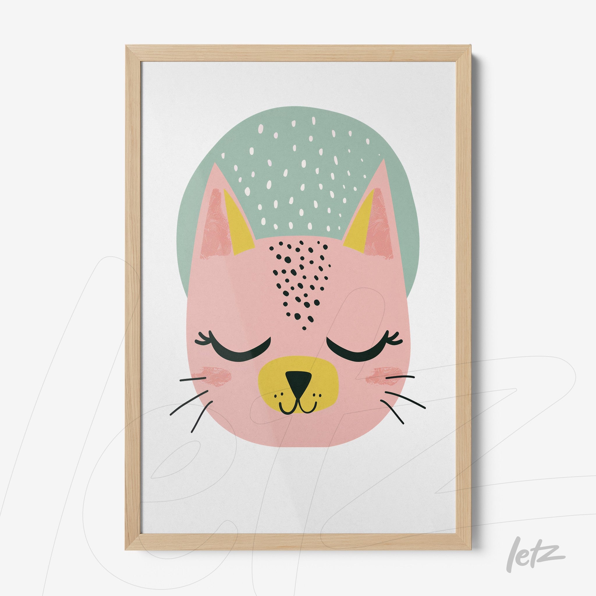quadro com ilustração de gato minimalista em tons pastel com moldura de madeira clara