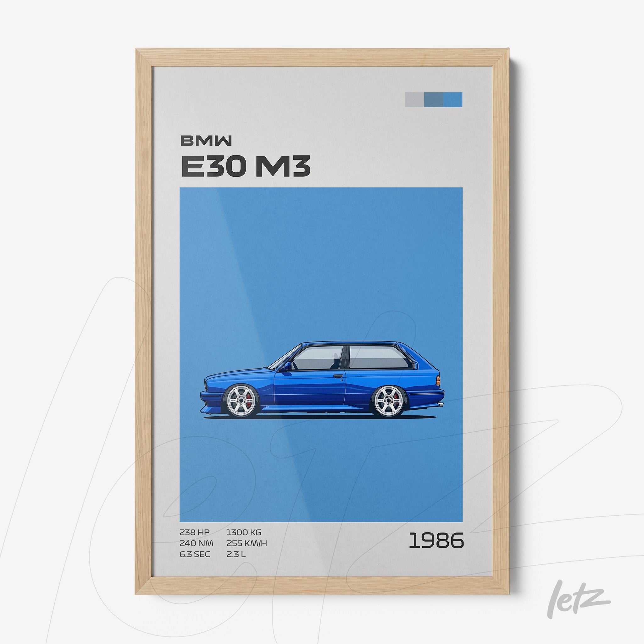 quadro com ilustração minimalista do carro BMW E30 M3 em fundo azul, moldura de madeira clara