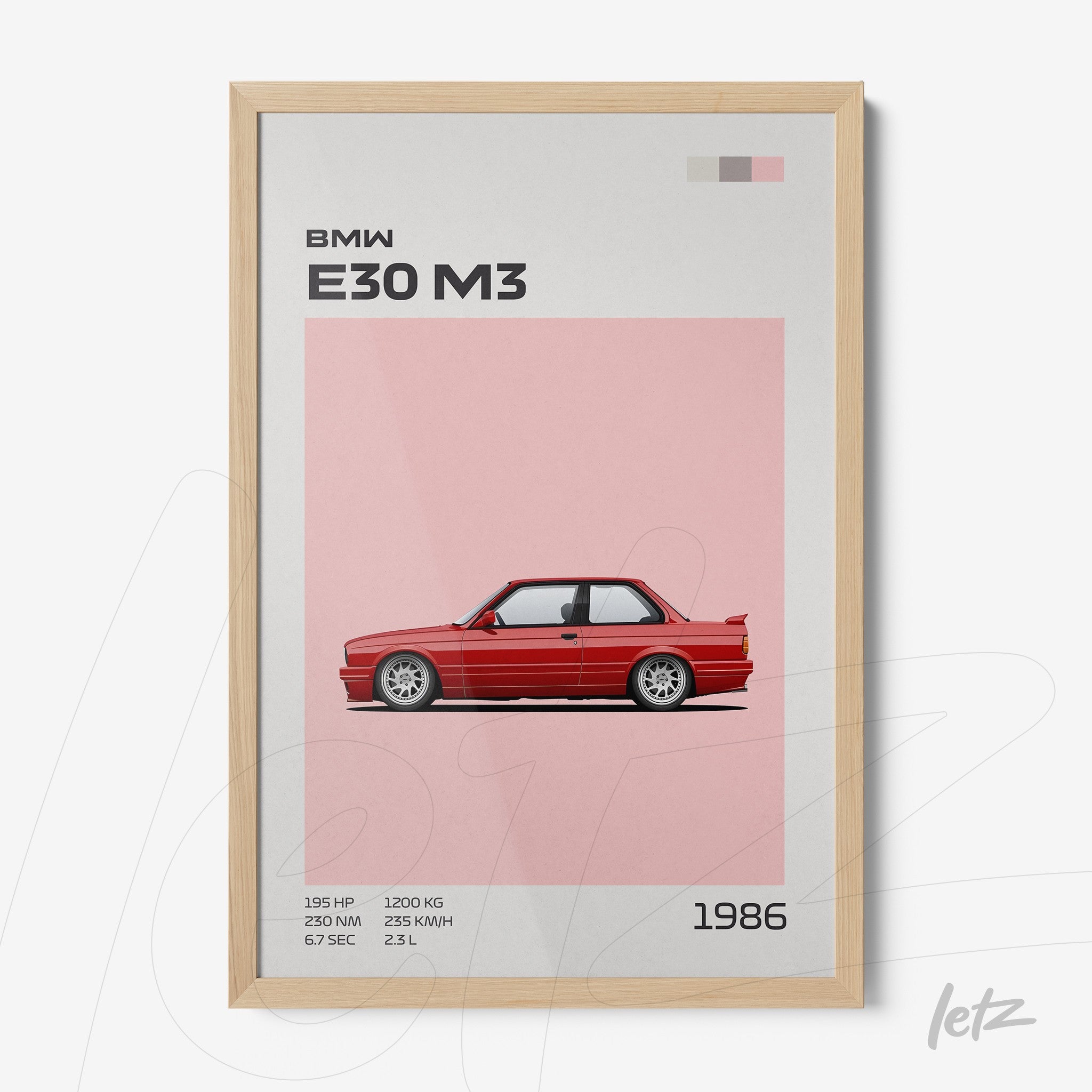 quadro com ilustração minimalista do BMW E30 M3 em fundo rosa, moldura de madeira clara