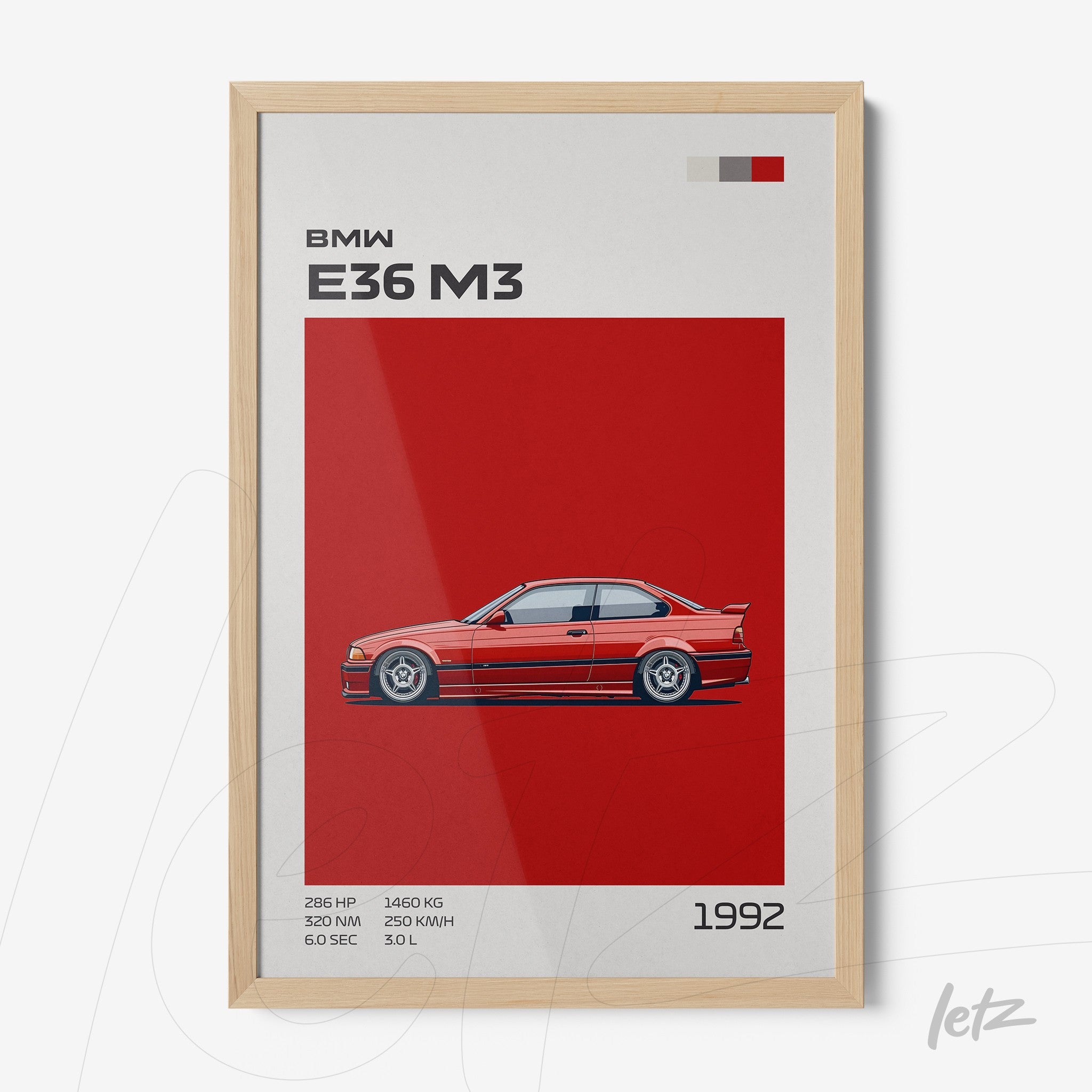 quadro com ilustração do carro BMW E36 M3 em fundo vermelho, com moldura de madeira clara