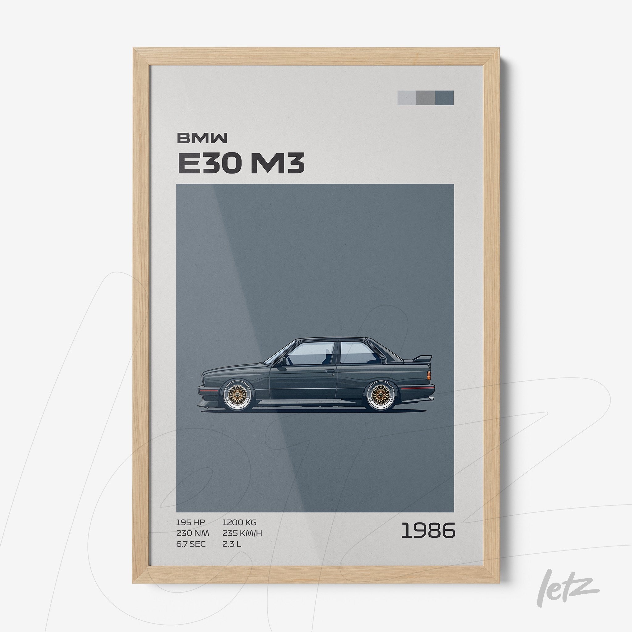 quadro decorativo com ilustração detalhada do carro BMW E30 M3 em moldura clara