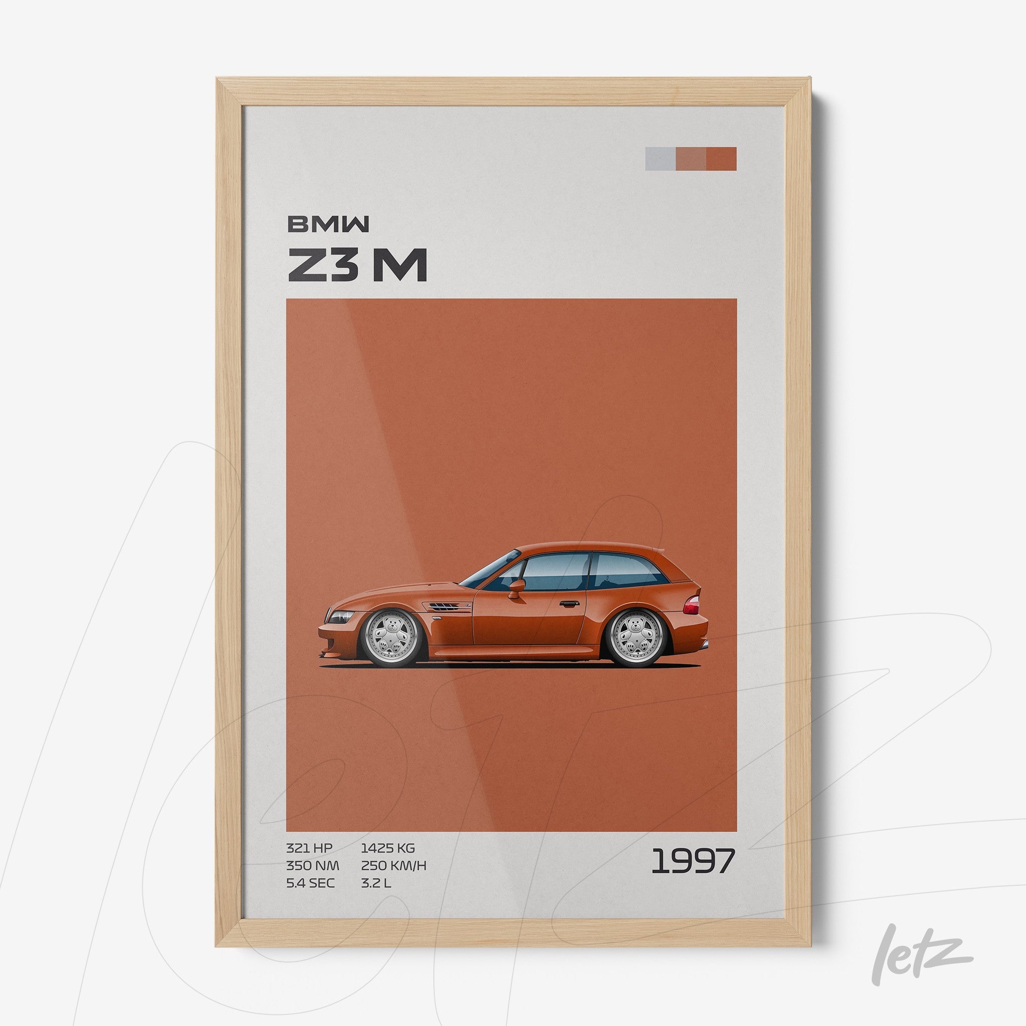 quadro com arte digital do carro BMW Z3M em moldura de madeira clara, fundo laranja