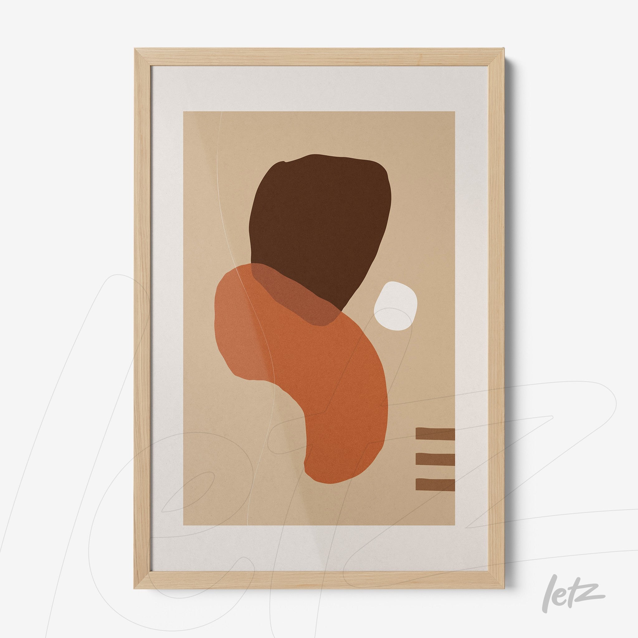 pôster impresso com arte abstrata em formas orgânicas em tons terrosos dentro de moldura clara