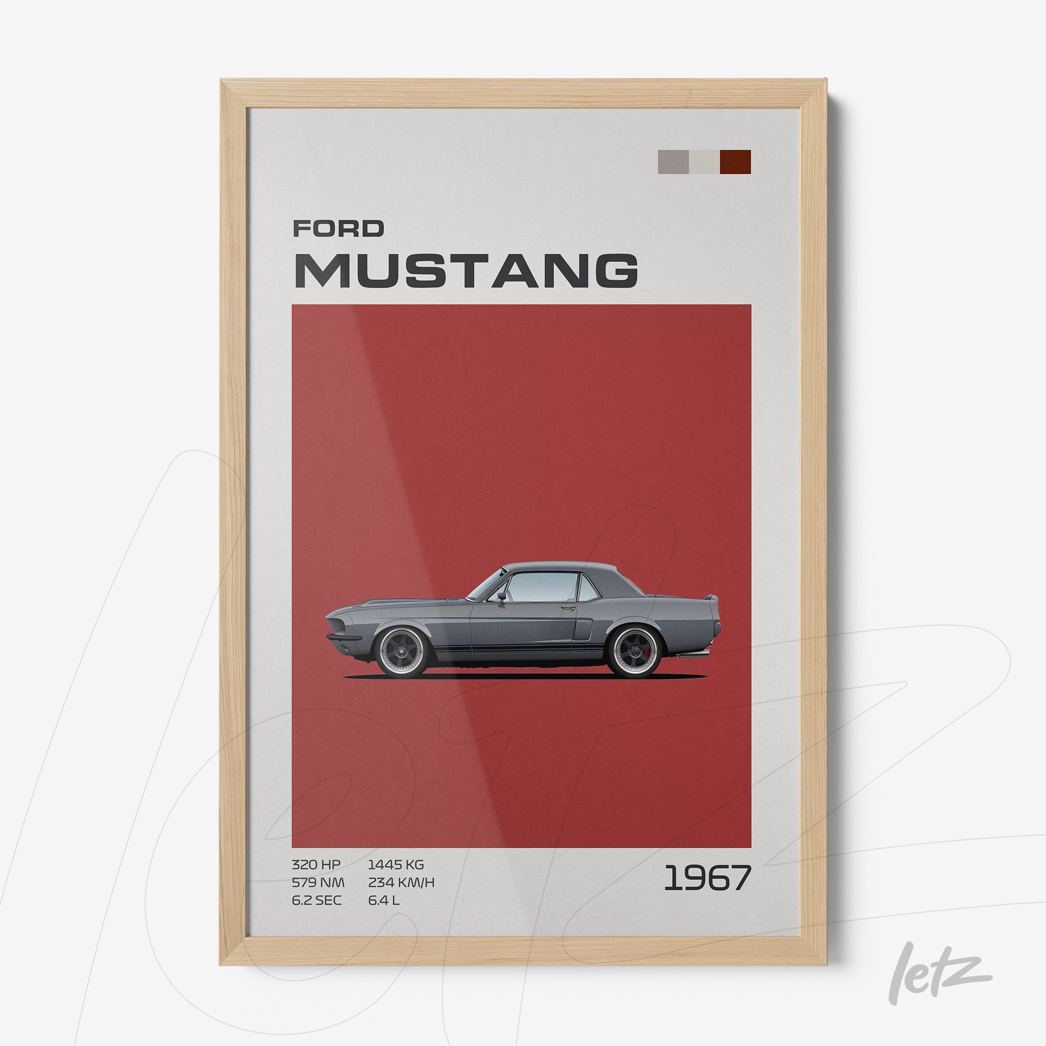quadro com ilustração do carro Ford Mustang de 1967 em moldura de madeira clara sobre fundo vermelho