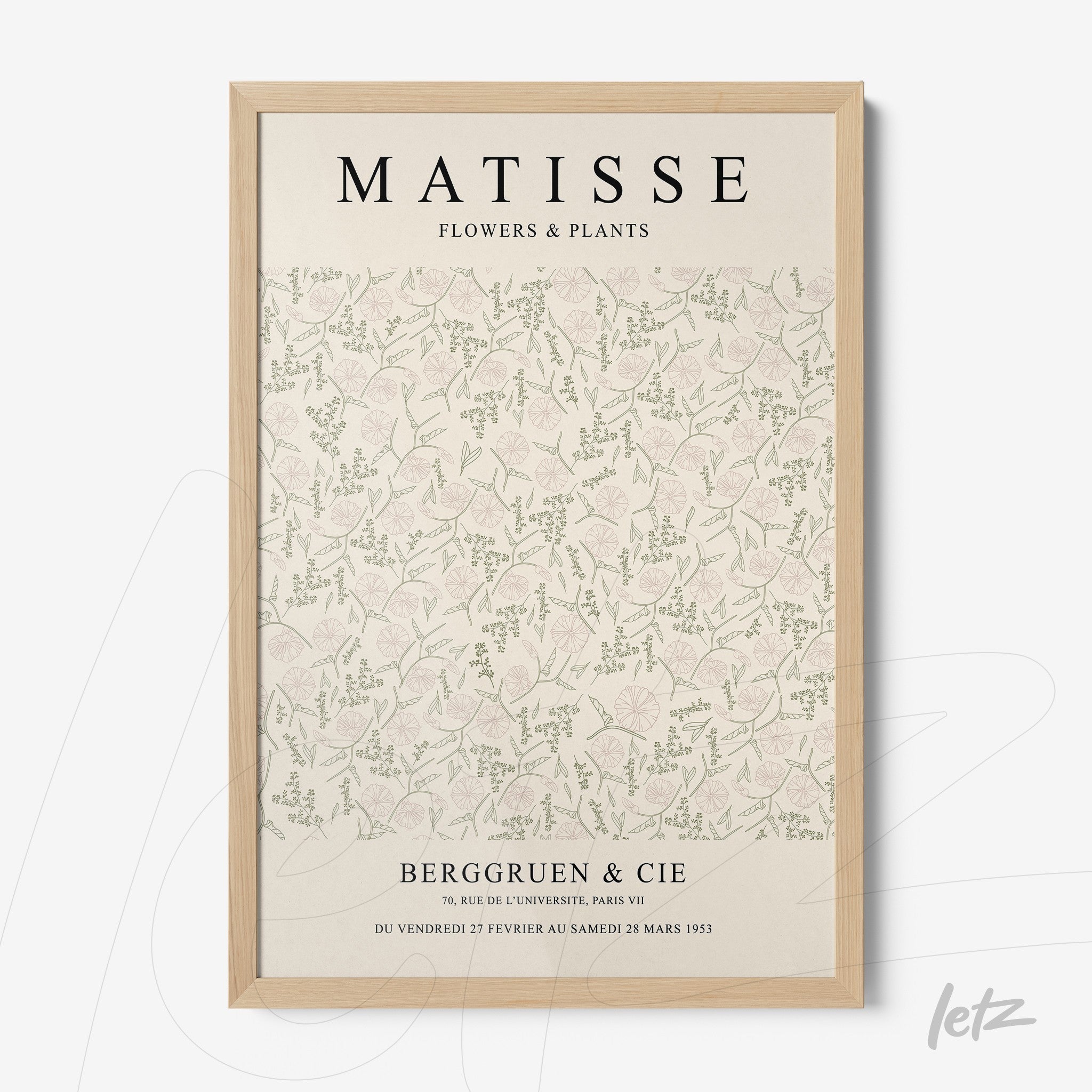 quadro decorativo com um padrão floral suave em fundo claro, moldura de madeira clara e texto em destaque no topo