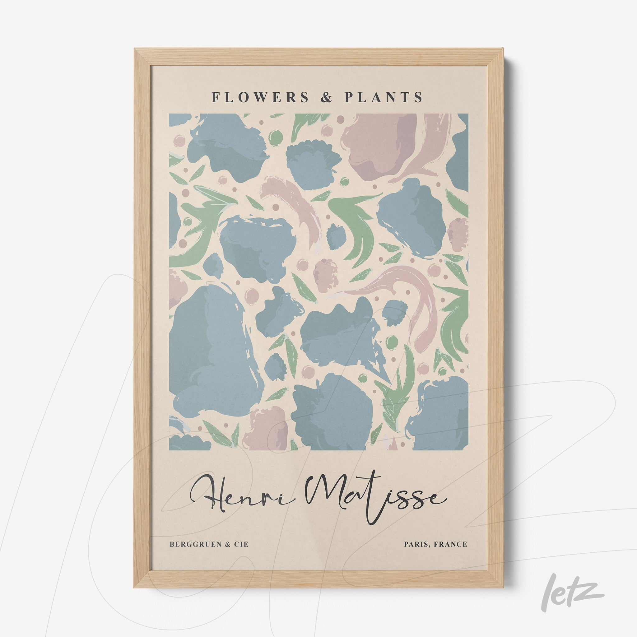 quadro com arte floral inspirada em Henri Matisse em moldura de madeira clara