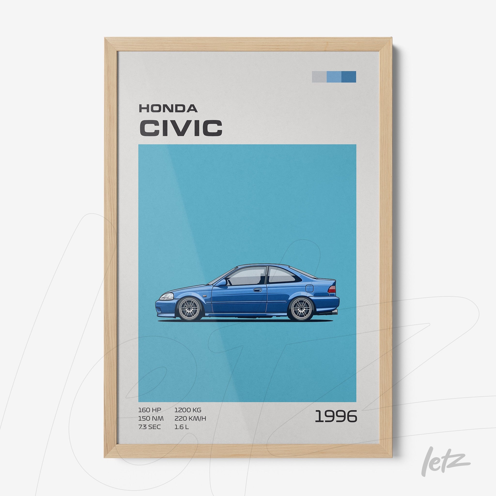 quadro com ilustração estilizada do carro Honda Civic 1996 em moldura de madeira clara