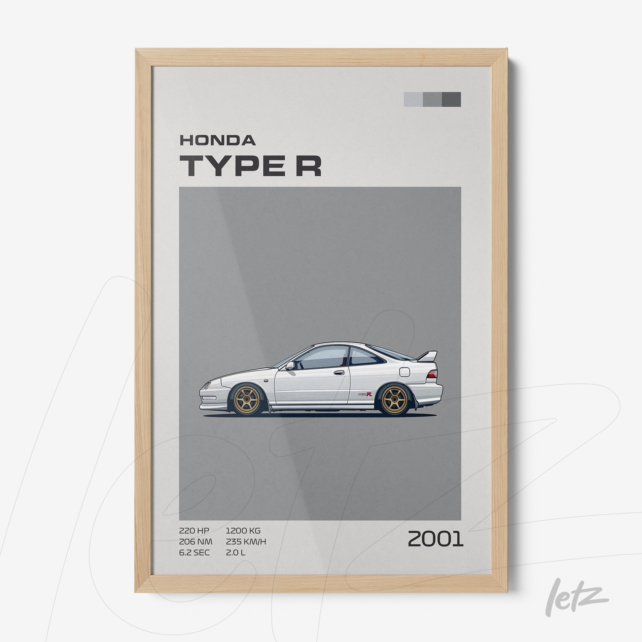 quadro com ilustração do carro Honda Type R de 2001 em moldura de madeira clara