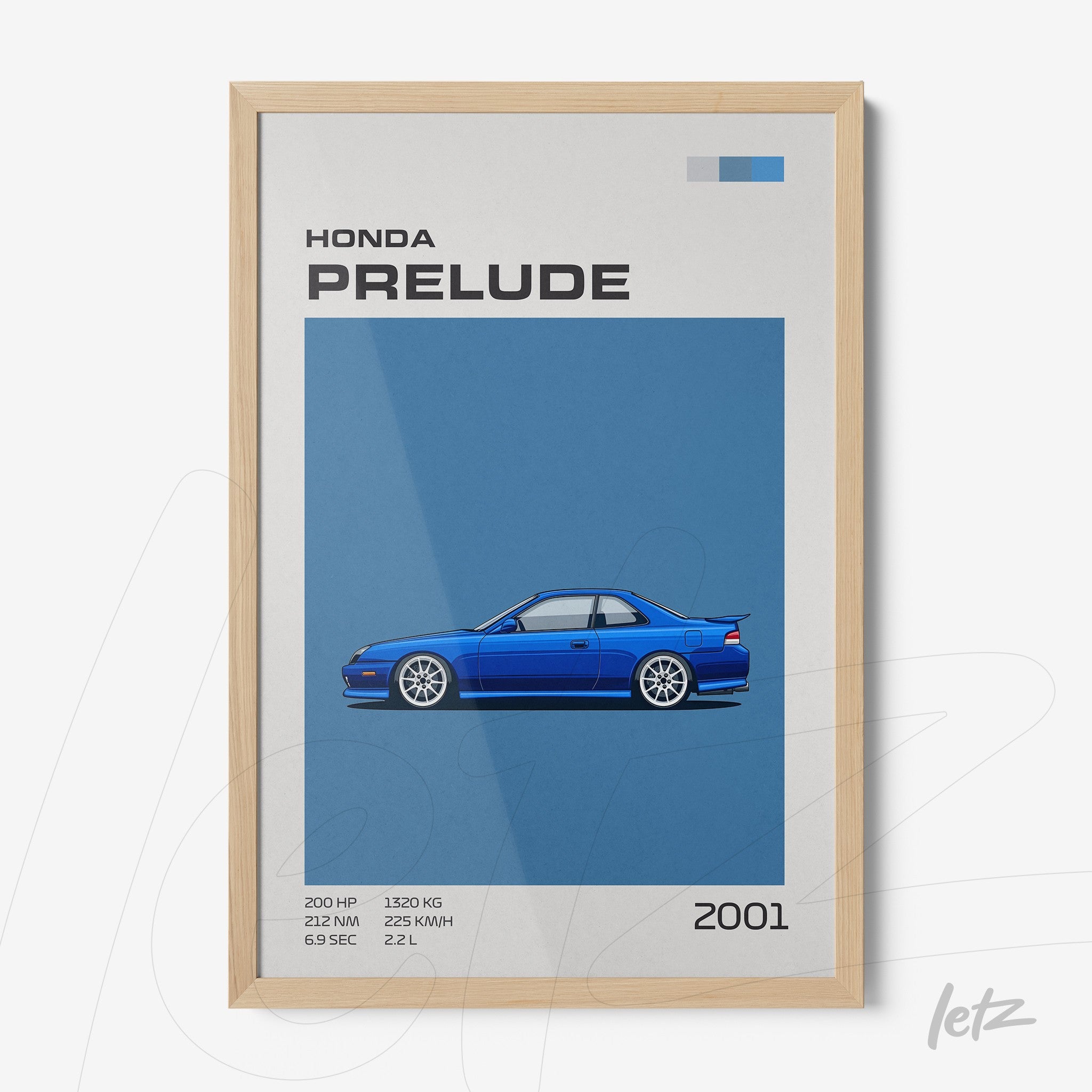 quadro com arte digital de um carro Honda Prelude de 2001 em moldura de madeira clara, destacando o design azul sobre fundo azul