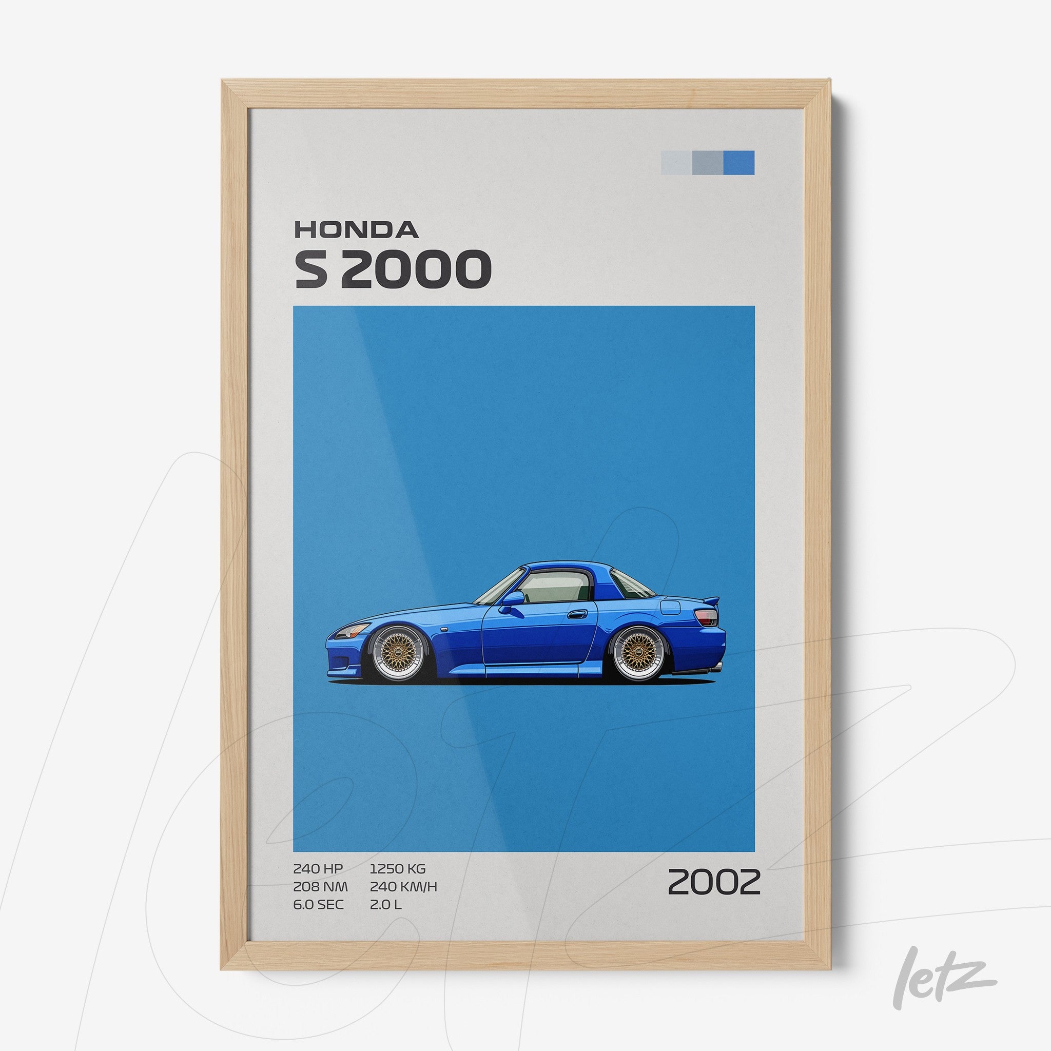 quadro com arte do carro Honda S2000 em fundo azul vibrante e moldura de madeira clara