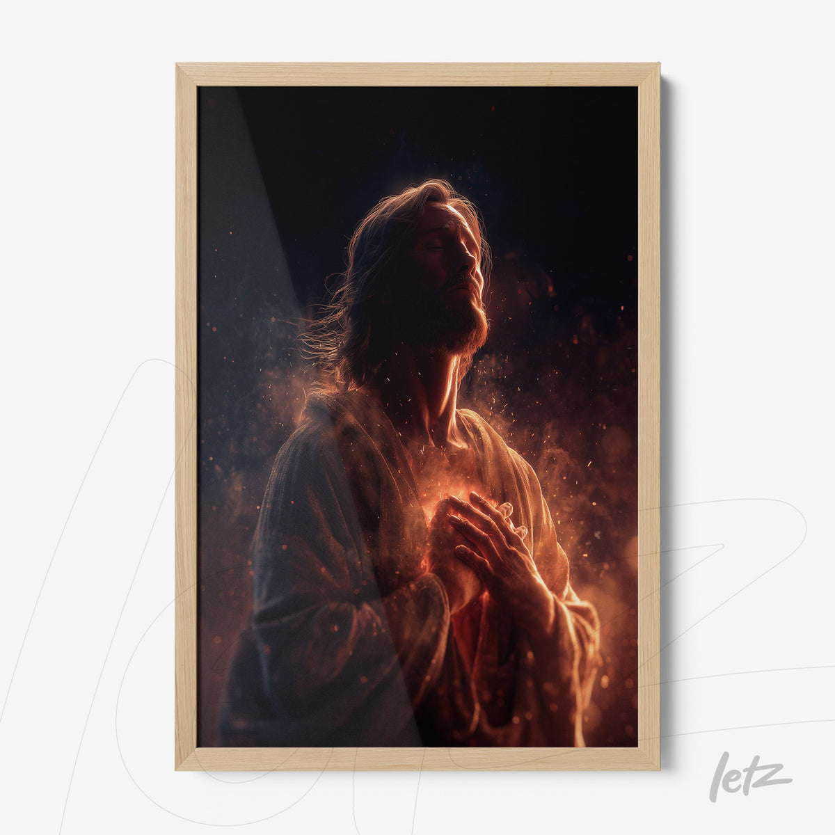 quadro com arte digital de figura masculina com luz radiante, em moldura de madeira clara