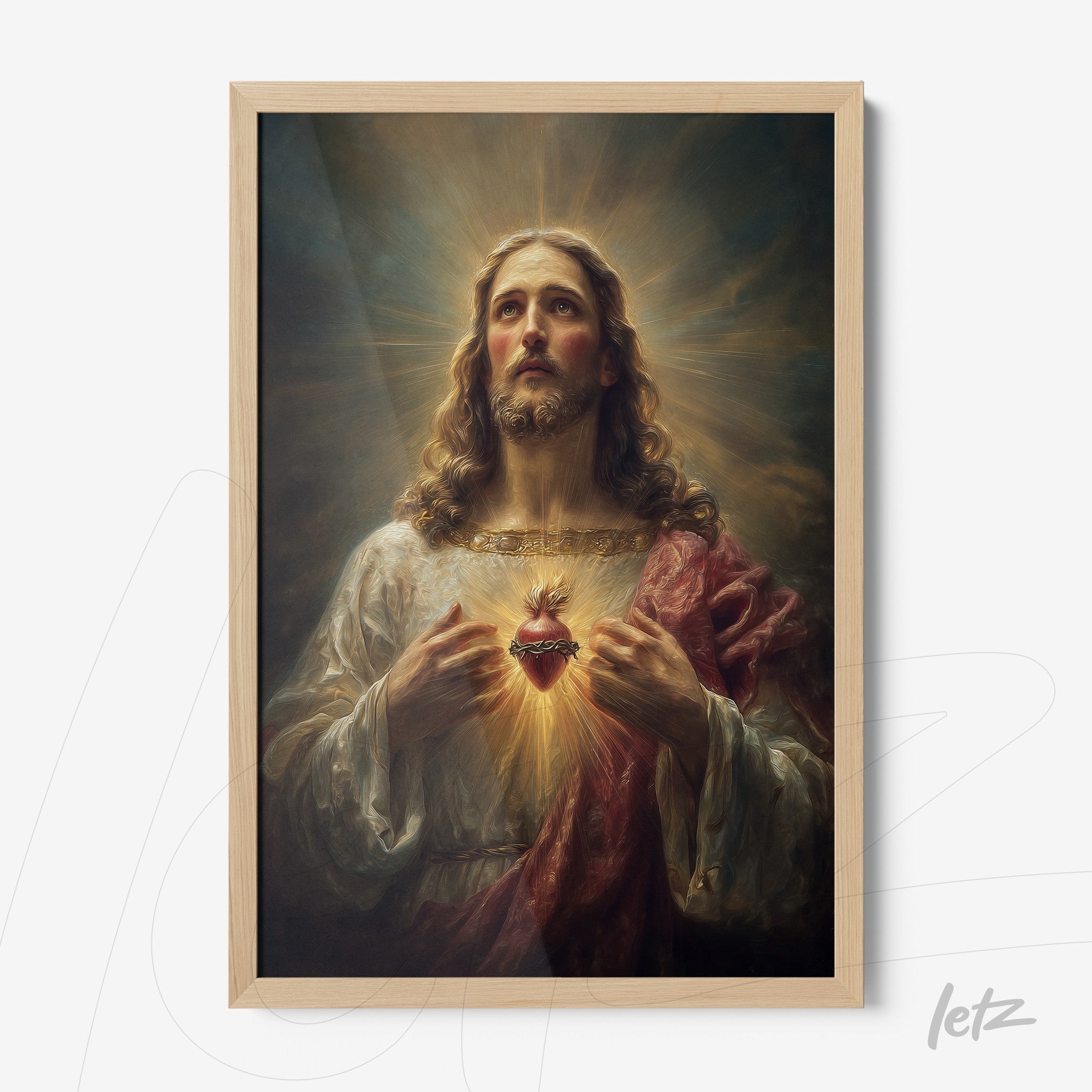 quadro com arte religiosa representando Jesus Cristo com coração sagrado em moldura de madeira clara