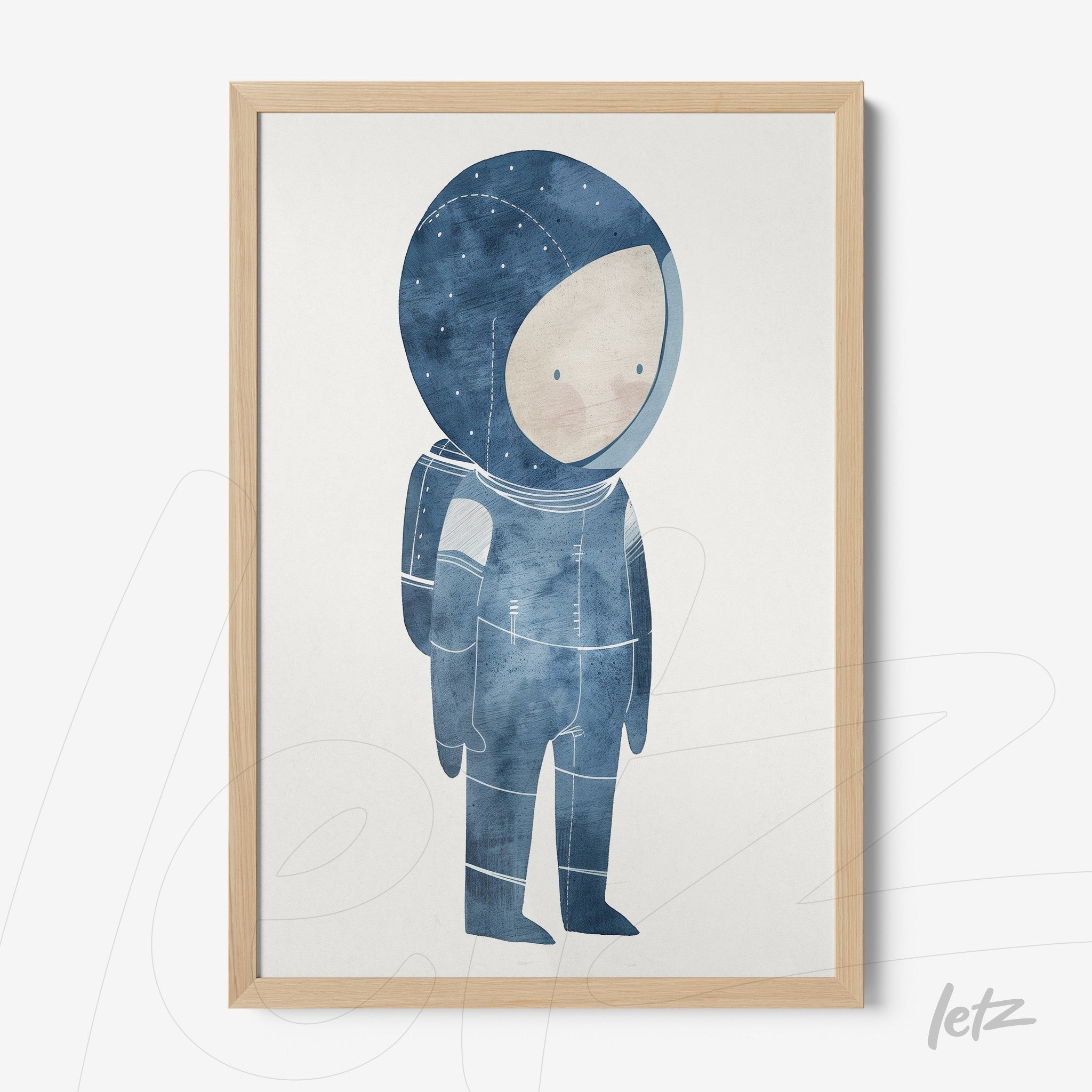quadro com ilustração de astronauta em tons de azul, moldura de madeira clara