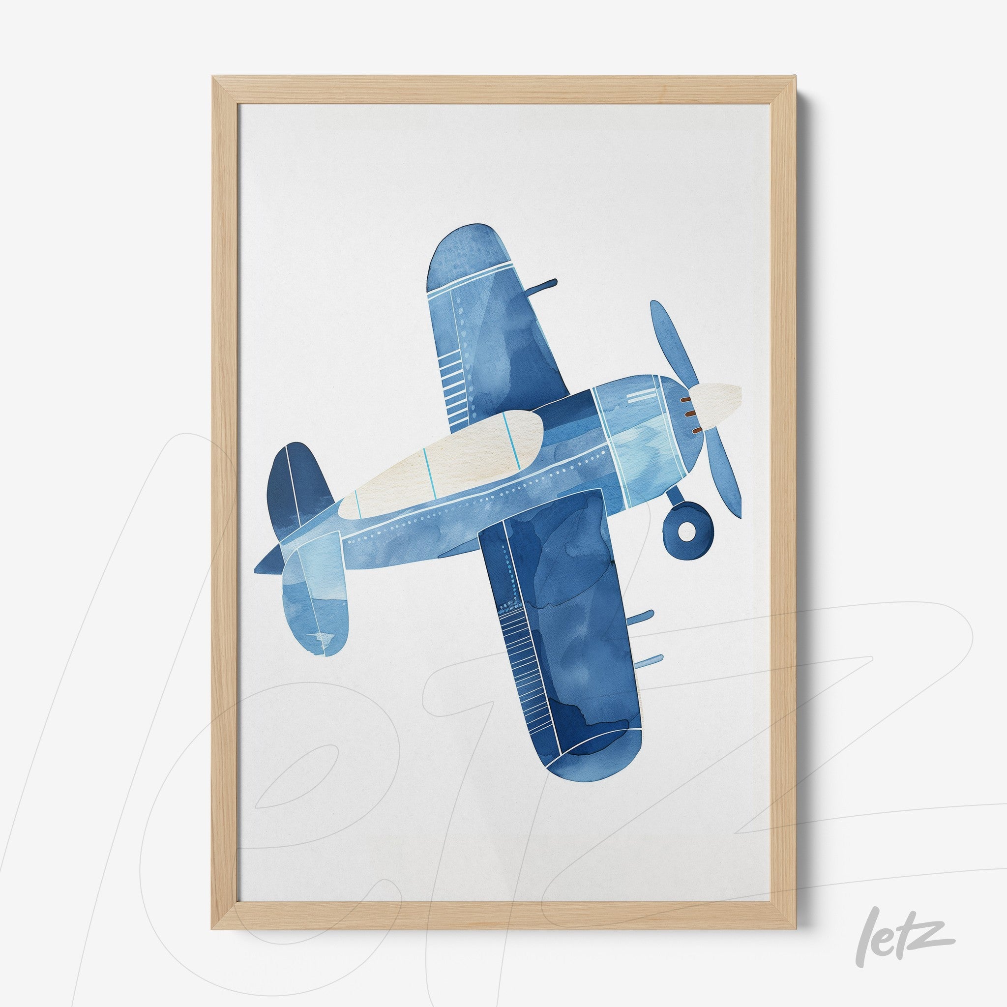 quadro decorativo com ilustração de um avião azul em estilo aquarela, moldura de madeira clara