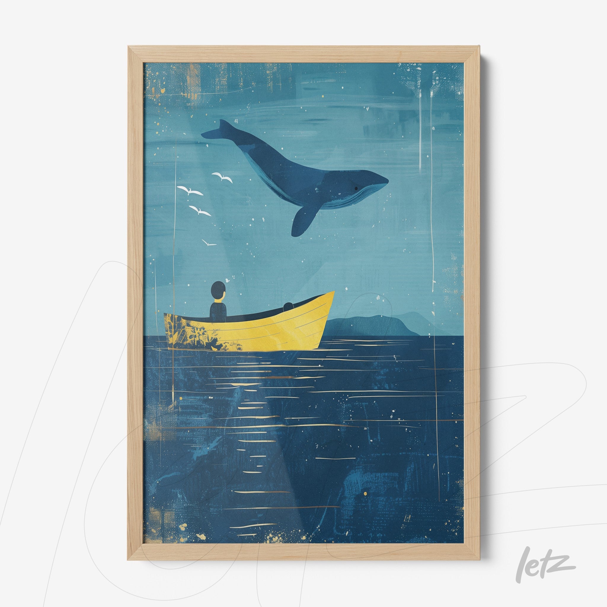 quadro com ilustração de um homem em um barco amarelo observando uma baleia saltando sobre águas azuis