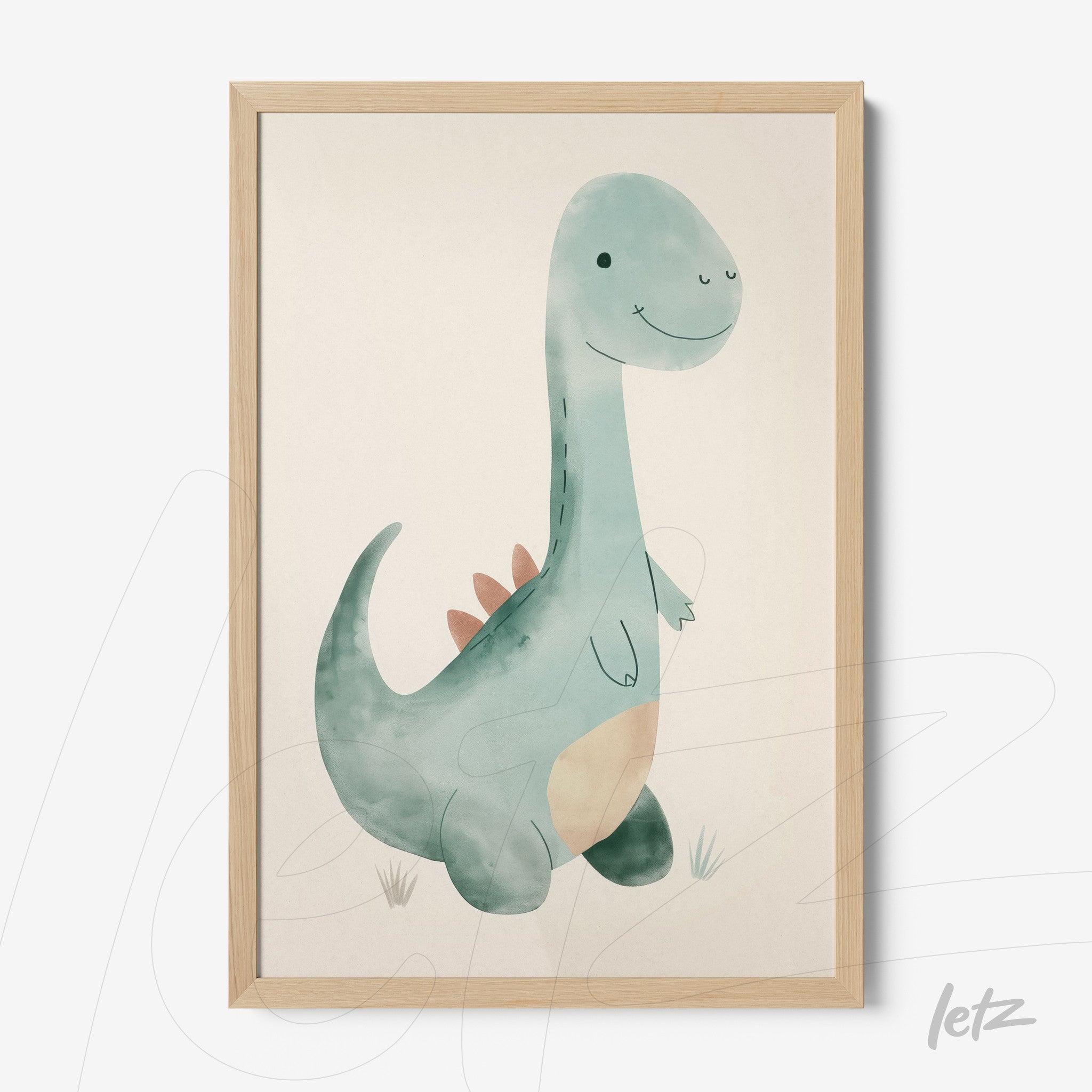 quadro com ilustração de dinossauro em estilo aquarela com moldura clara de madeira