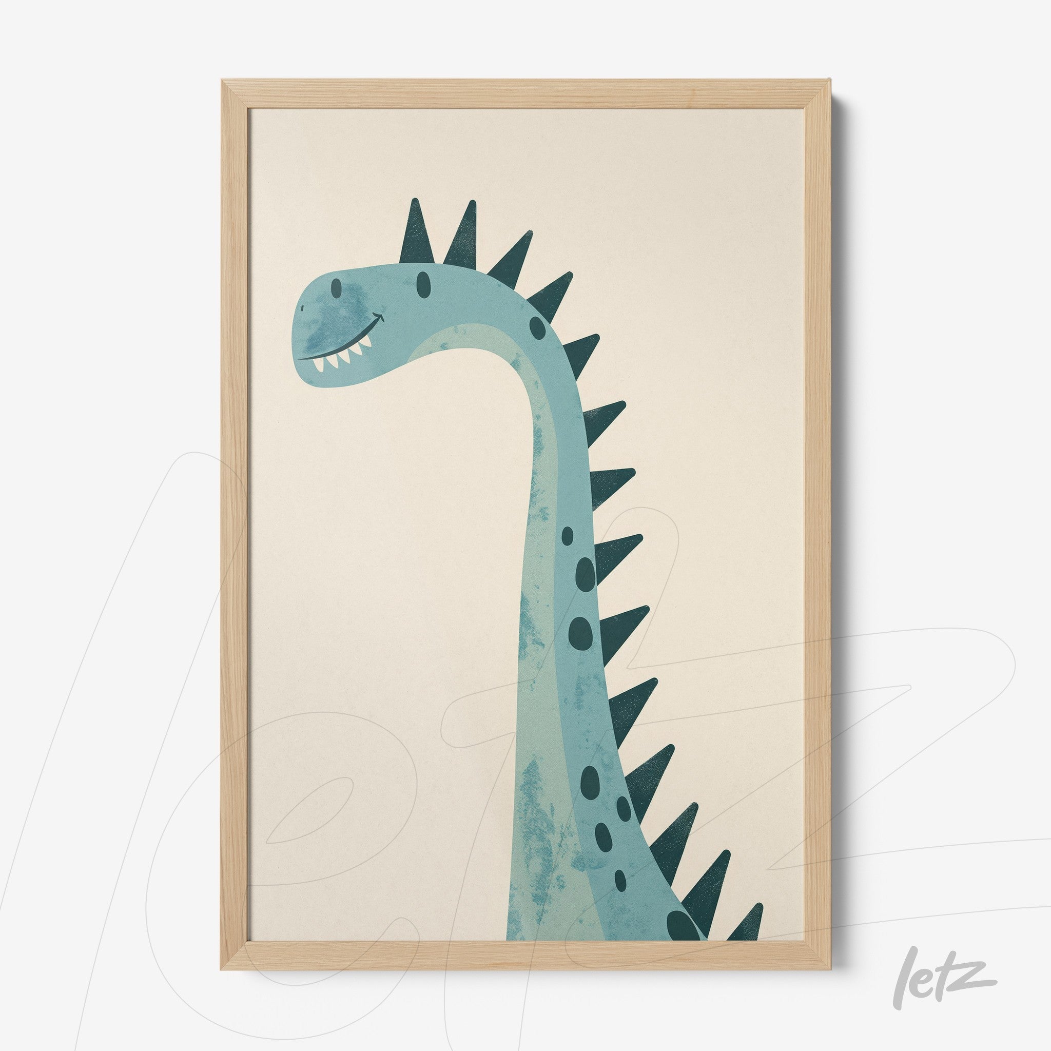 quadro com ilustração de um dinossauro azul com espinhos, em moldura de madeira clara