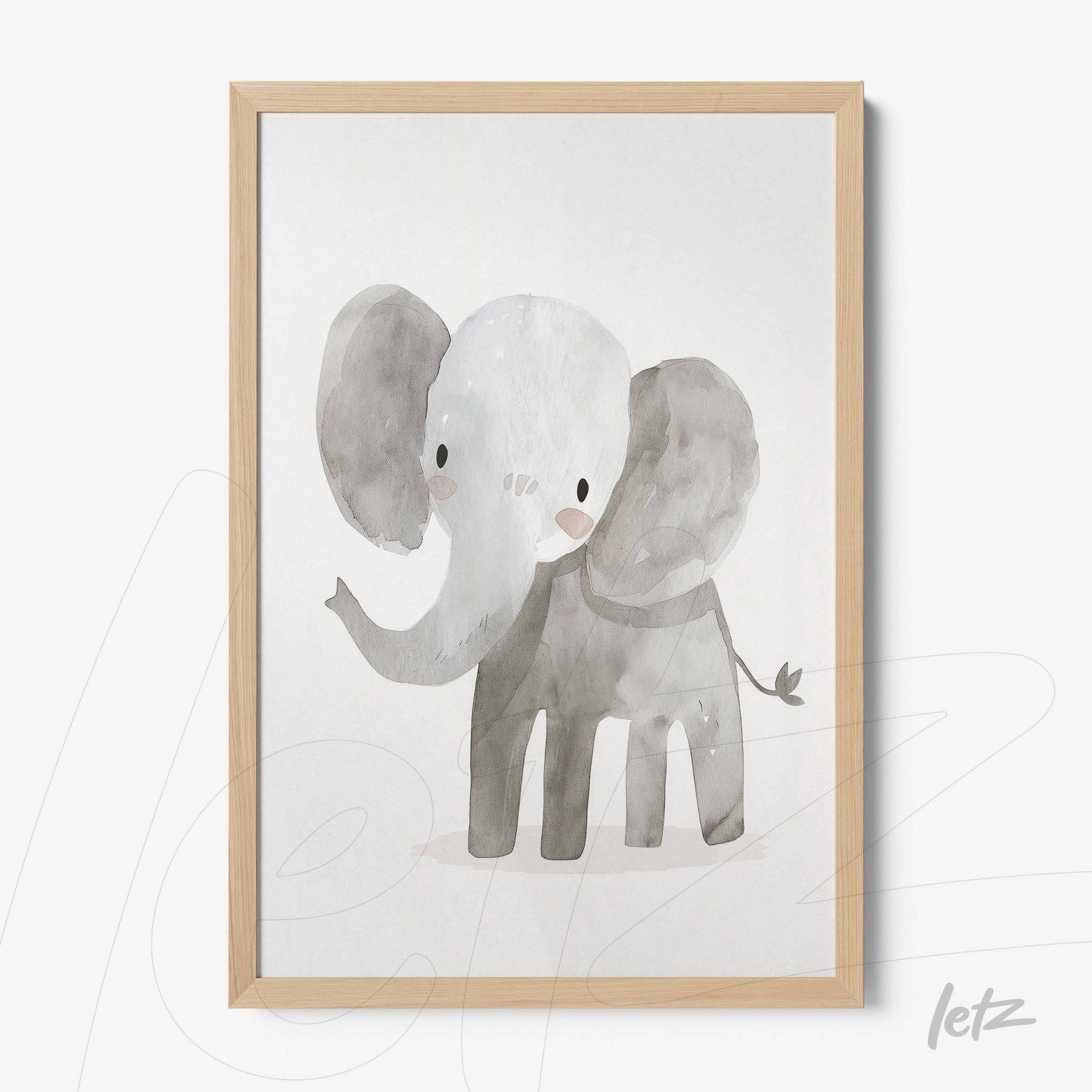 quadro de ilustração aquarelada de elefante com contornos suaves e moldura de madeira clara