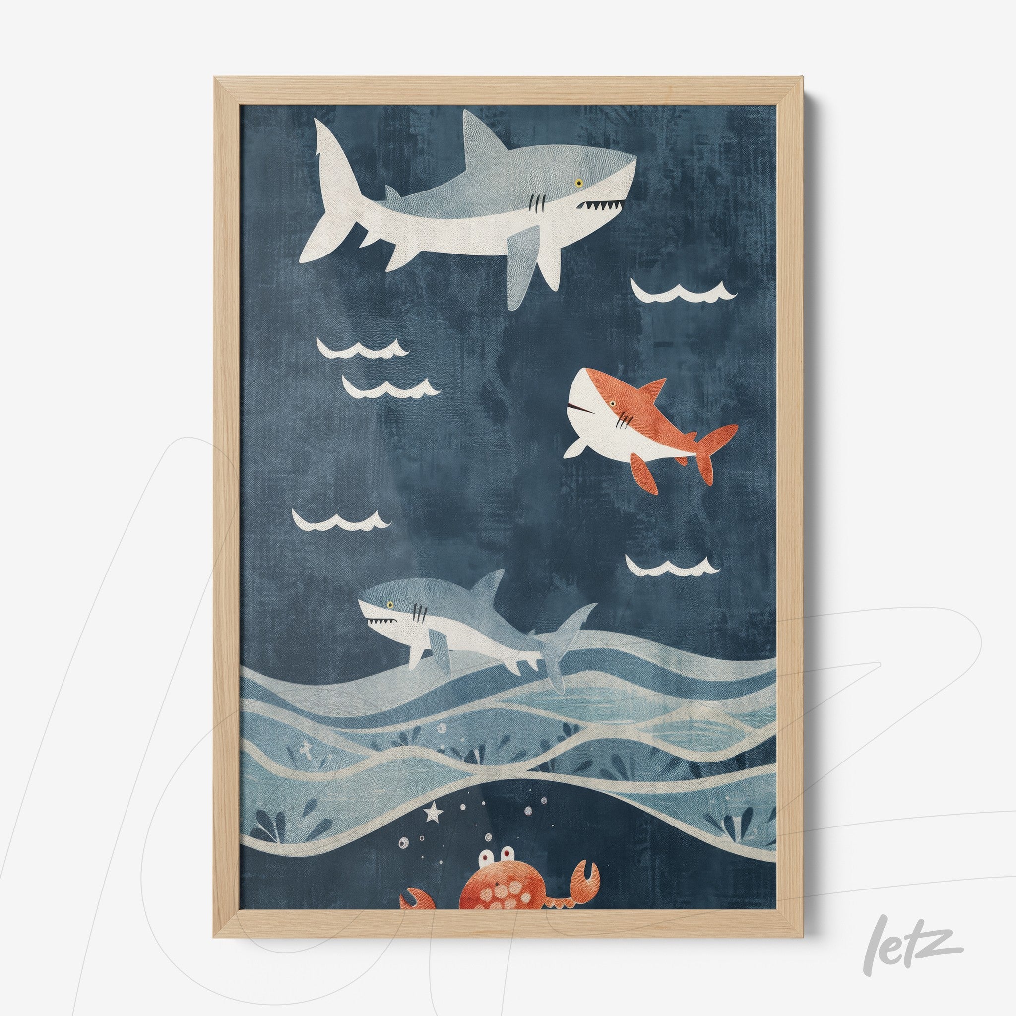 quadro com ilustração de tubarões nadando sobre um fundo azul com ondas, moldura de madeira clara