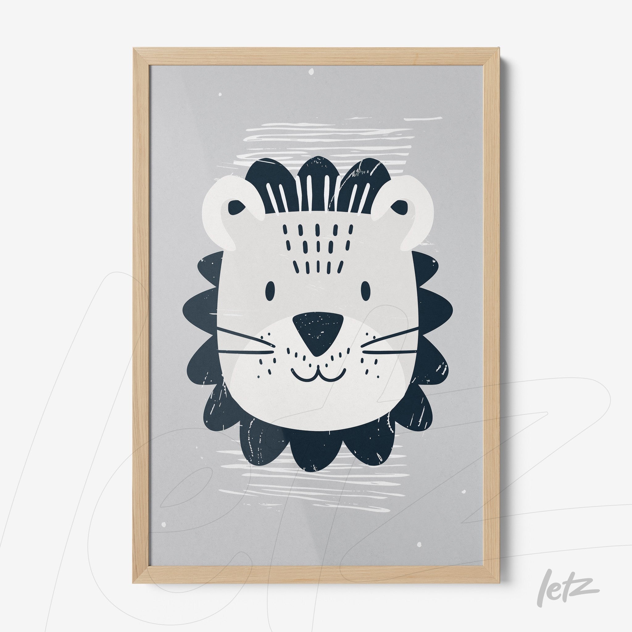 quadro com ilustração de leão minimalista em moldura de madeira clara