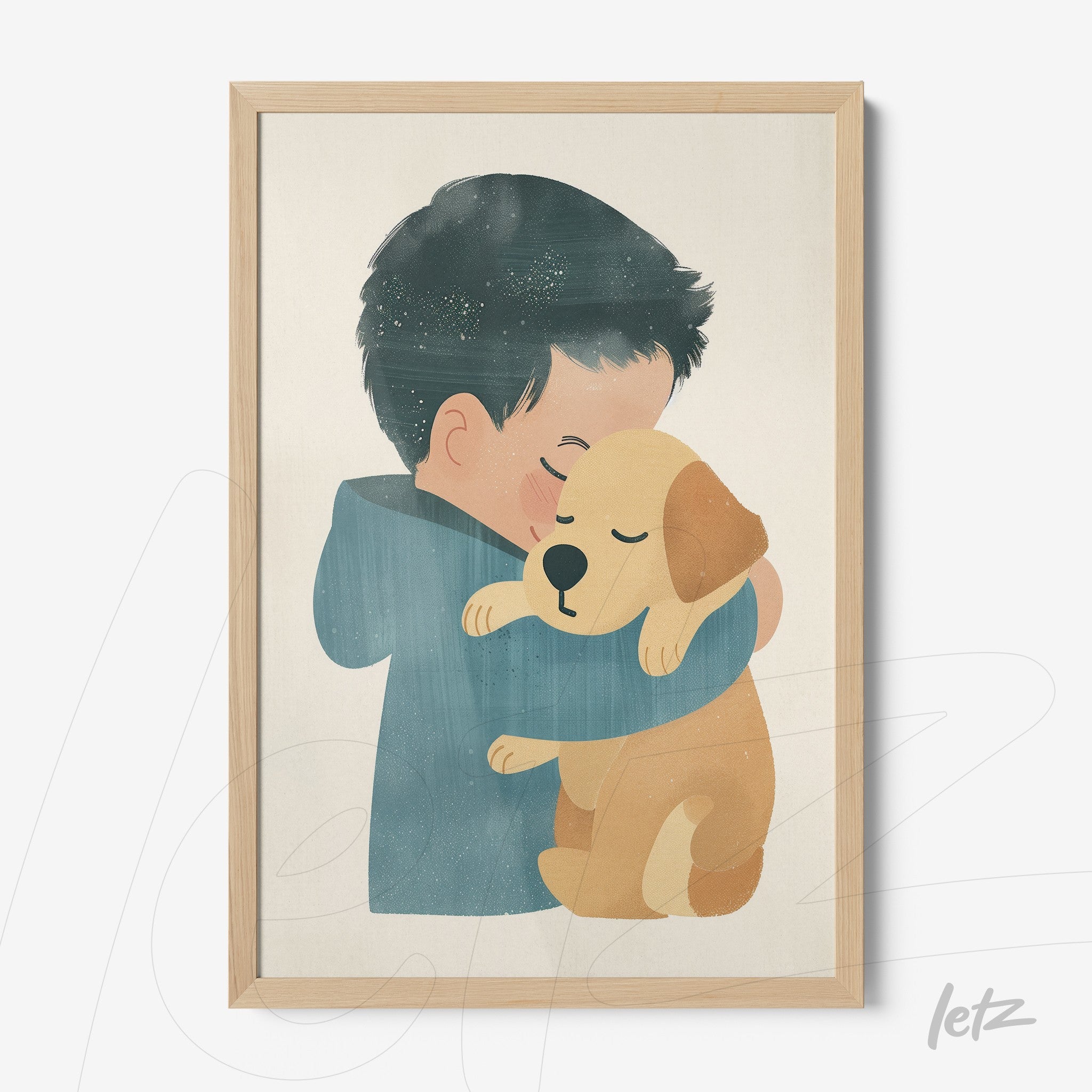 quadro com ilustração de um menino abraçando um cachorro, moldura de madeira clara com fundo suave