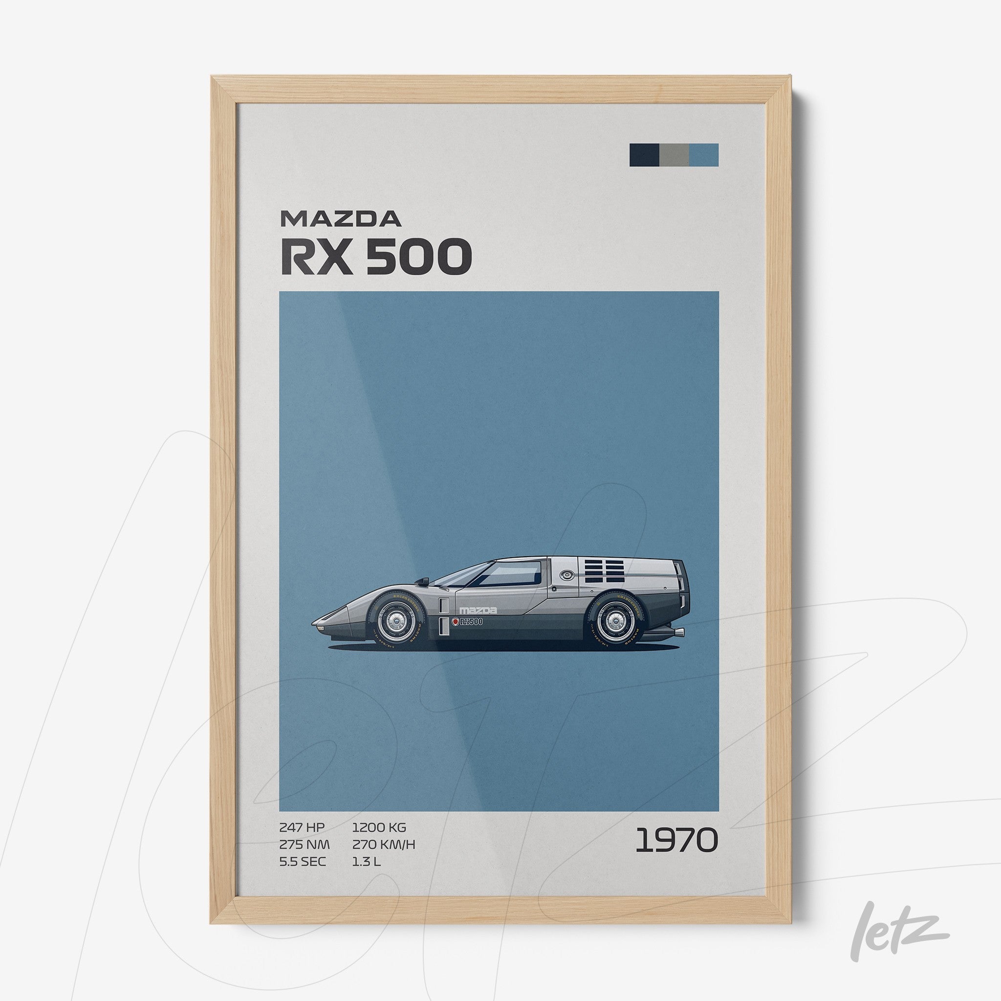 quadro com arte digital do carro Mazda RX 500 em moldura de madeira clara
