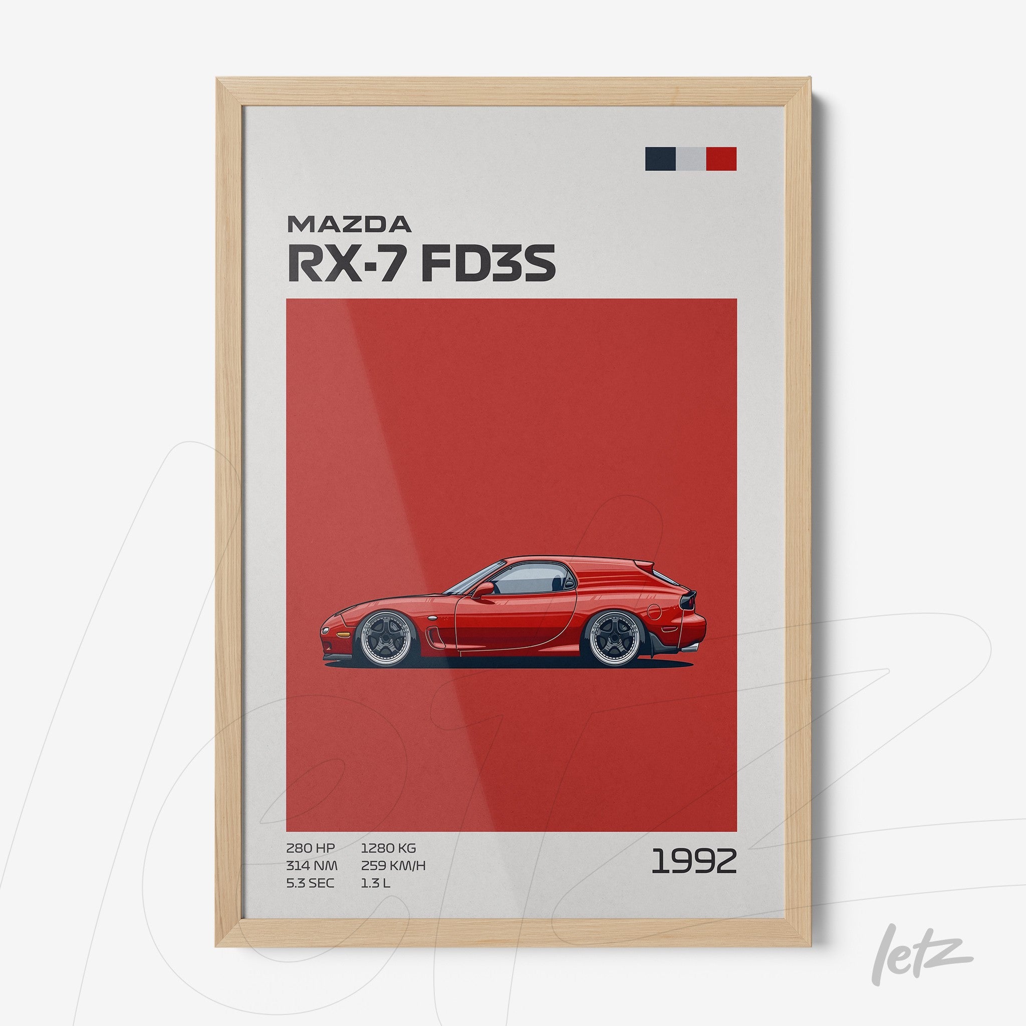 quadro com ilustração estilizada do Mazda RX-7 FD3S em fundo vermelho, moldura de madeira clara