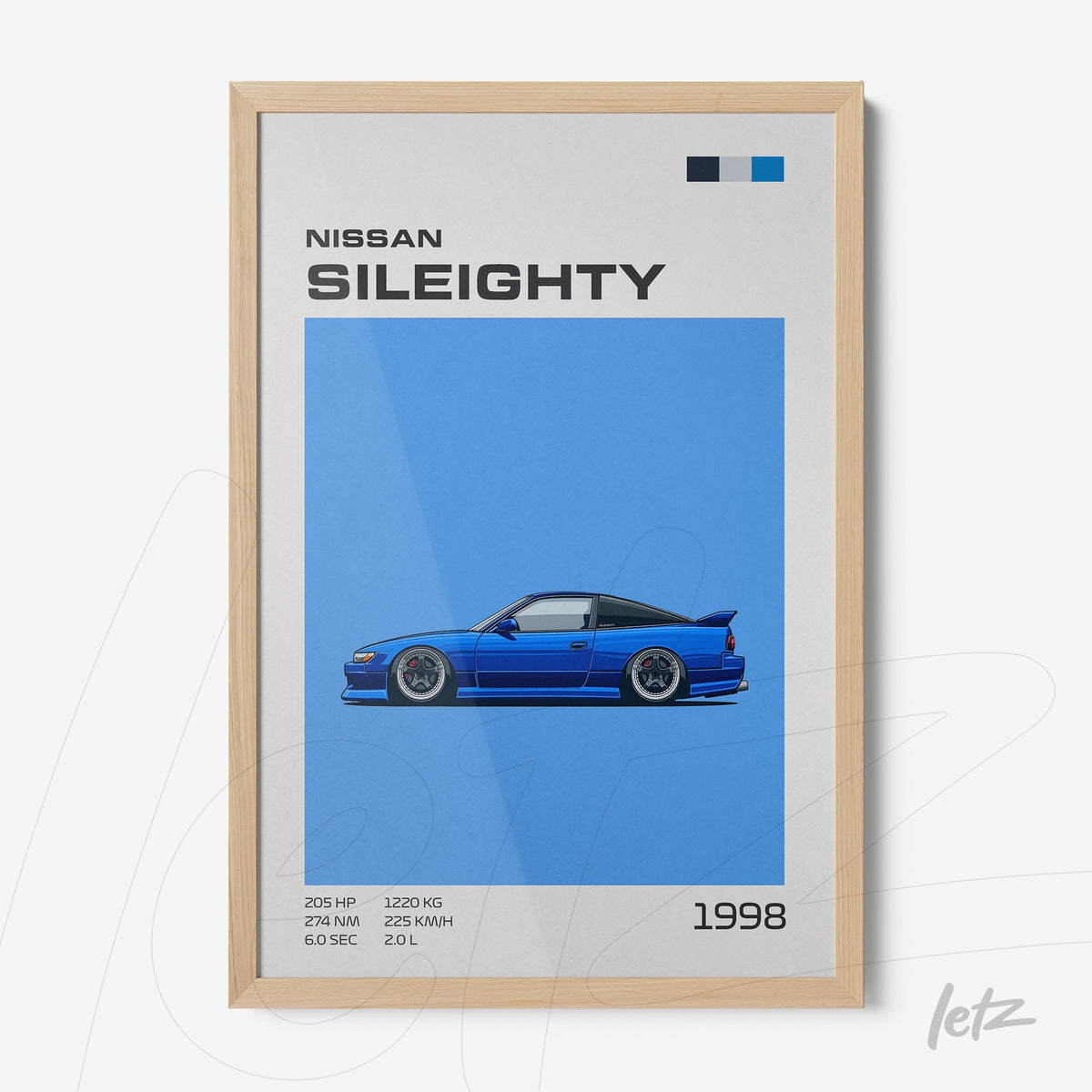 quadro em moldura de madeira clara com ilustração de carro Nissan Sil80 sobre fundo azul vibrante