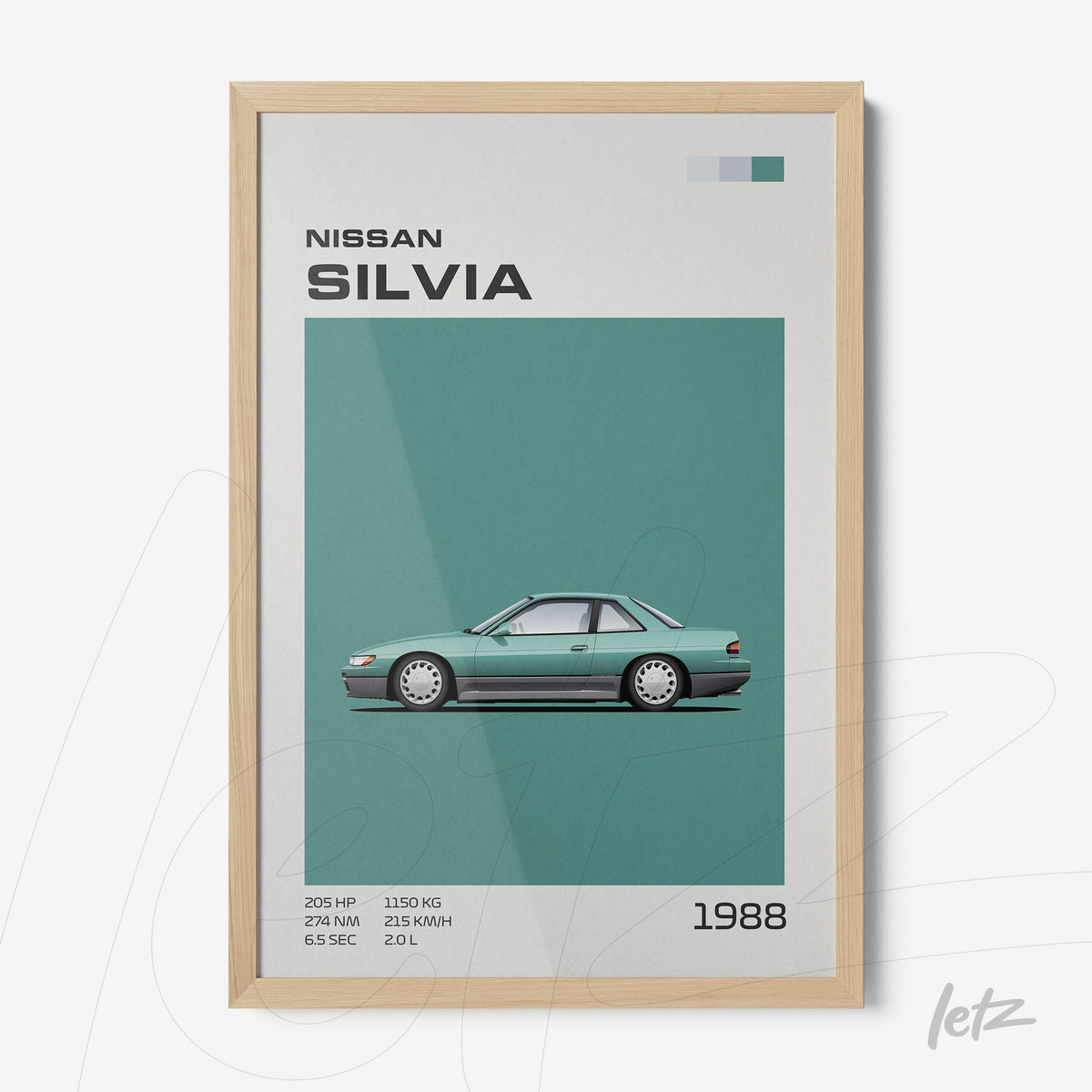 quadro com ilustração clássica do carro Nissan Silvia em moldura de madeira clara