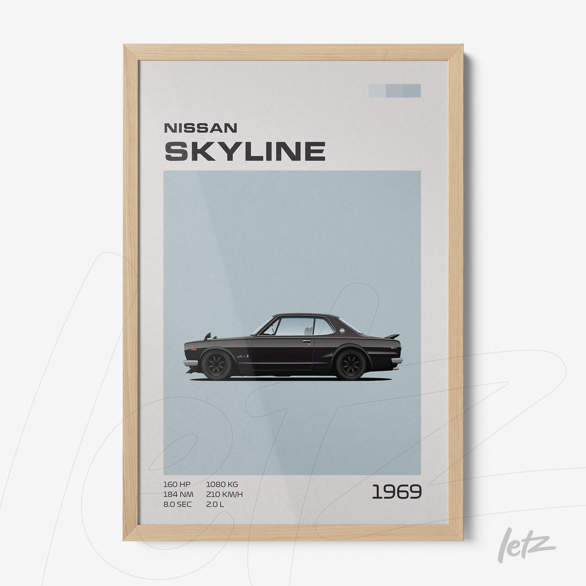 quadro com ilustração minimalista do carro Nissan Skyline 1969 em moldura de madeira clara