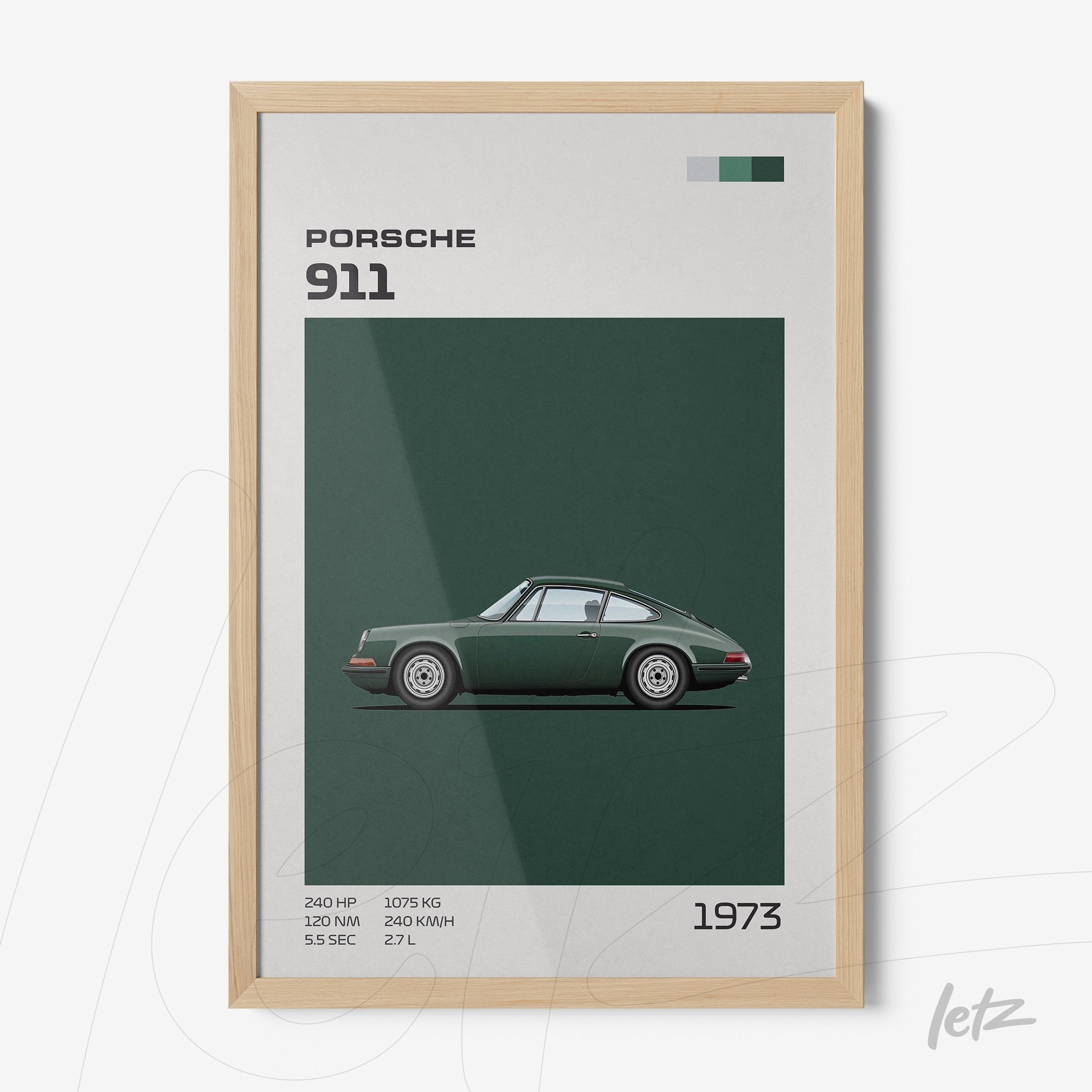 quadro com ilustração minimalista de um Porsche 911 verde, sobre fundo verde escuro, moldura de madeira clara