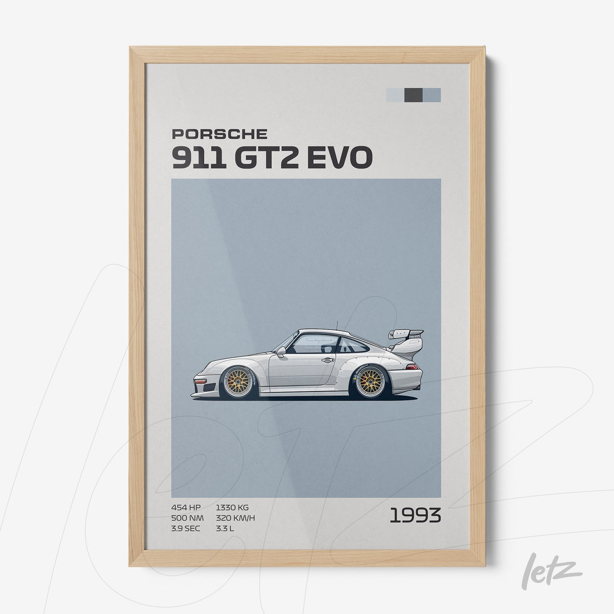 quadro com ilustração minimalista do Porsche 911 GT2 EVO de 1993 em moldura de madeira clara