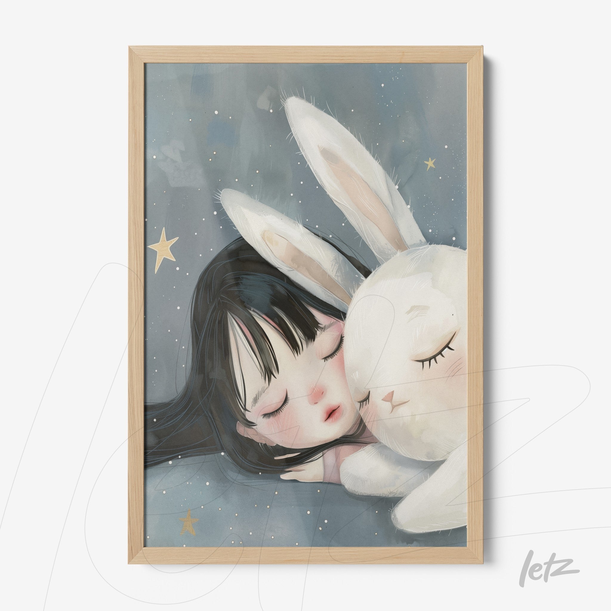 quadro em moldura de madeira clara com pintura digital de menina adormecida ao lado de coelho branco, fundo em tons de azul escuro e estrelas douradas