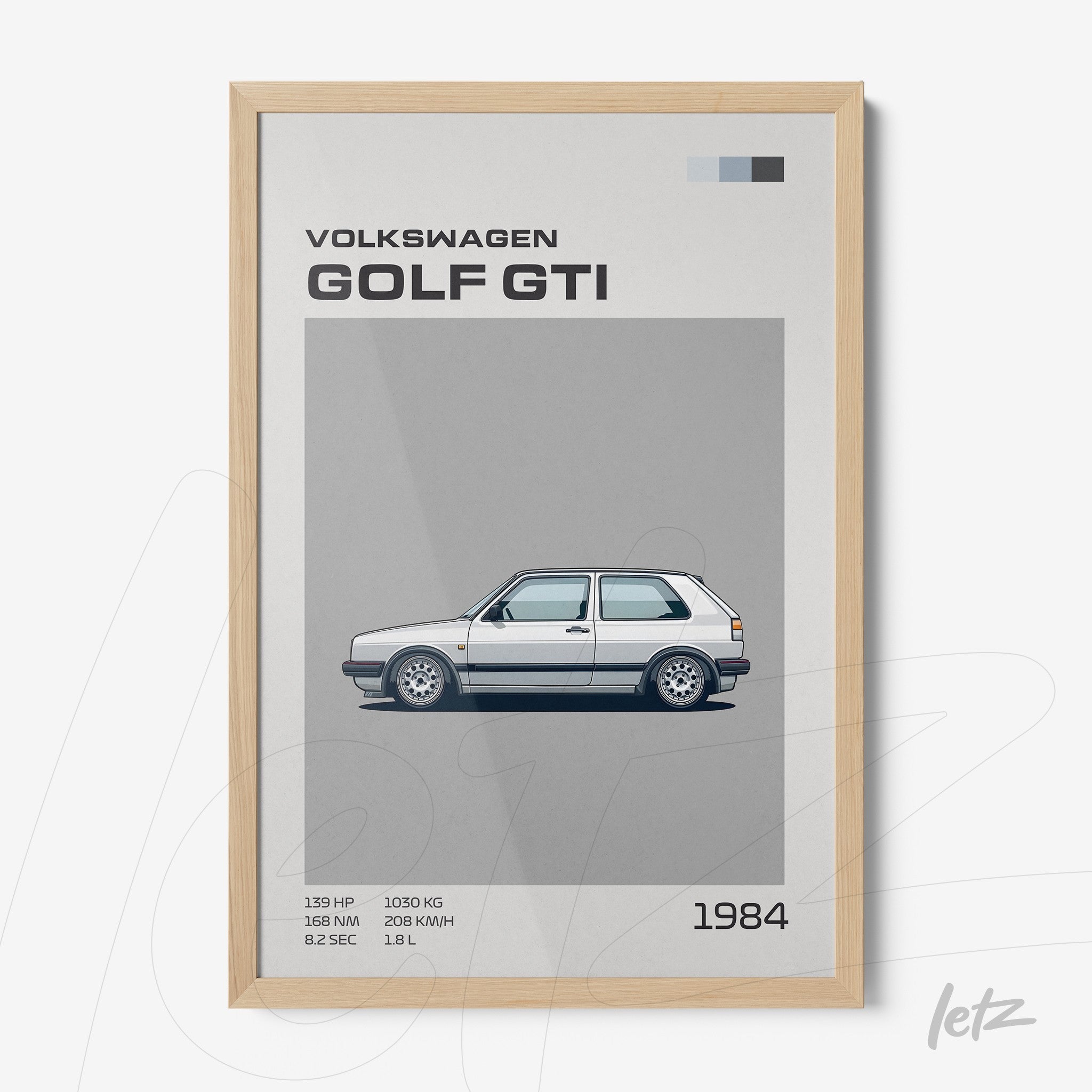 quadro com ilustração minimalista do carro Volkswagen Golf GTI 1984 em moldura de madeira clara