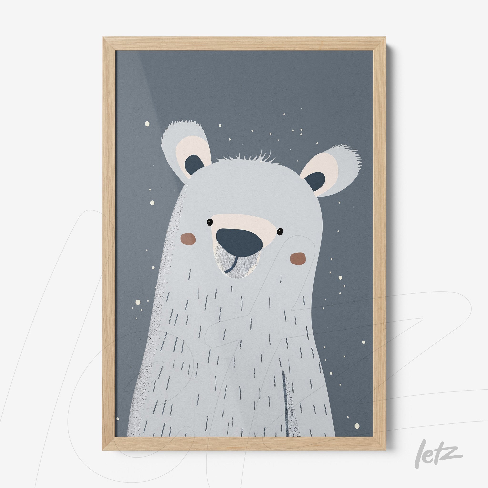 quadro com ilustração de urso polar em estilo minimalista com moldura de madeira clara