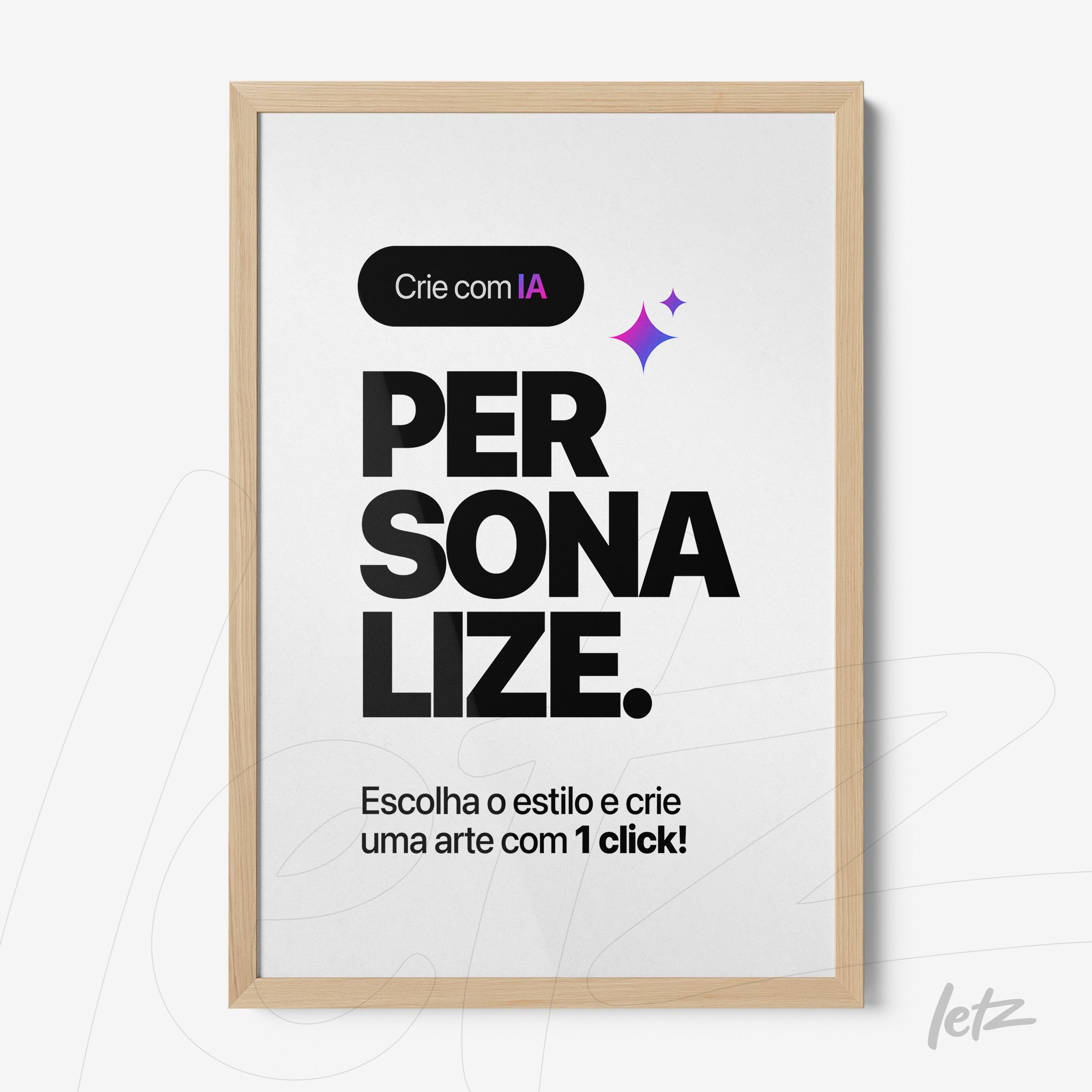quadro com texto em preto sobre fundo branco, moldura de madeira clara com elementos gráficos coloridos