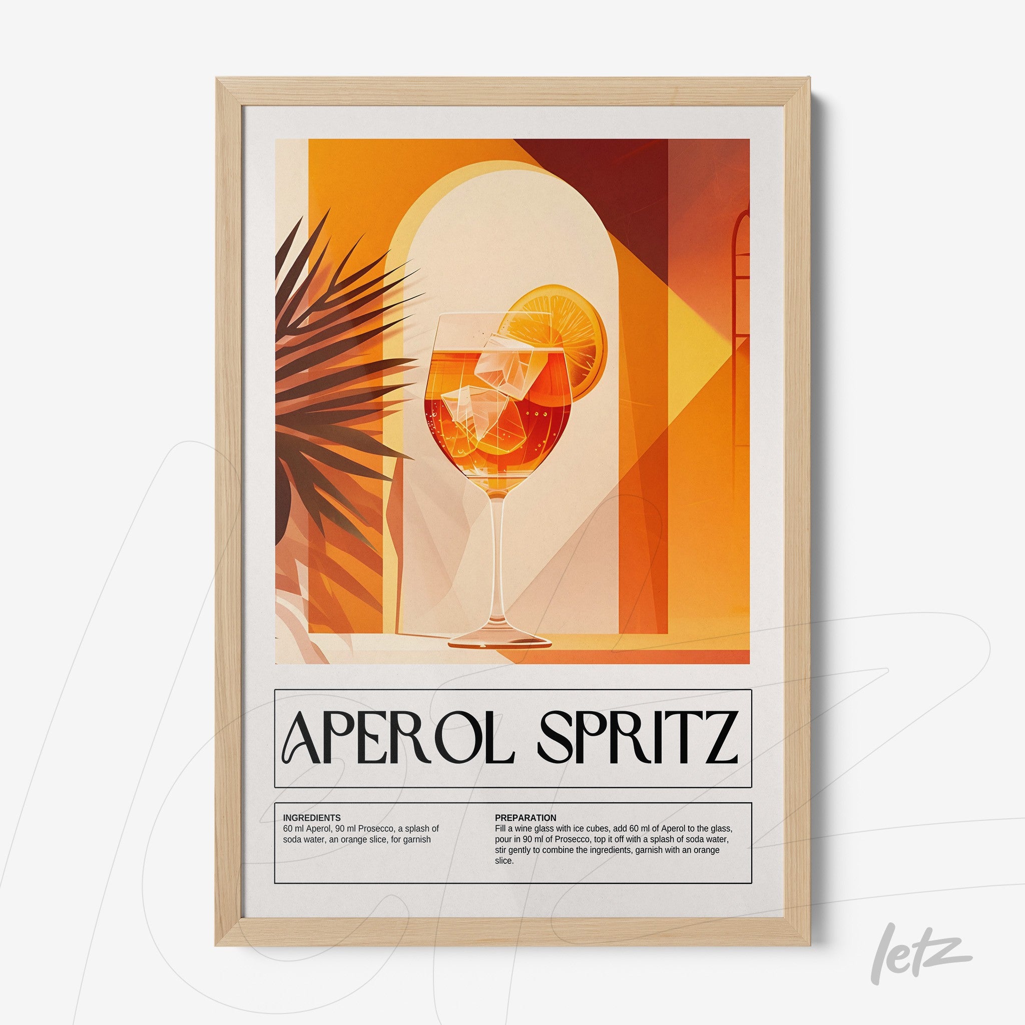 quadro com arte gráfica do drink aperol spritz em moldura clara e fundo laranja vibrante